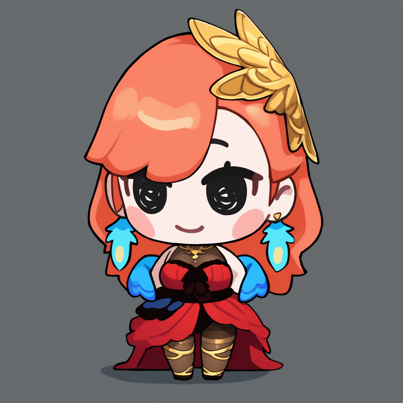 masterpiece, best quality, newest, chibi, full body, blush stickers, black eyes, solo, 1girl, K1araDrs, smile, standing, orange hair, long hair, gold hair ornament, feather earrings, evening gown, sleeveless, red dress, see-through cleavage, high-low skirt, thighband pantyhose, gold thighlets, blue wings, simple background
<segment:yolo-Anzhc Face seg 640 v3 y11n.pt,0.4,0.6//cid=11>