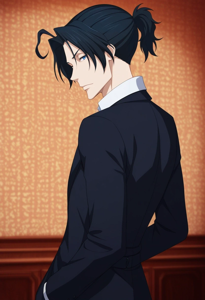 masterpiece, best quality, , (3d:0.4),, 1boy, solo, male focus, <lora:sherlock_holmes_ilxl:0.92>, sherlock_holmes, black hair, blue eyes, short hair, ponytail, ahoge, , ,