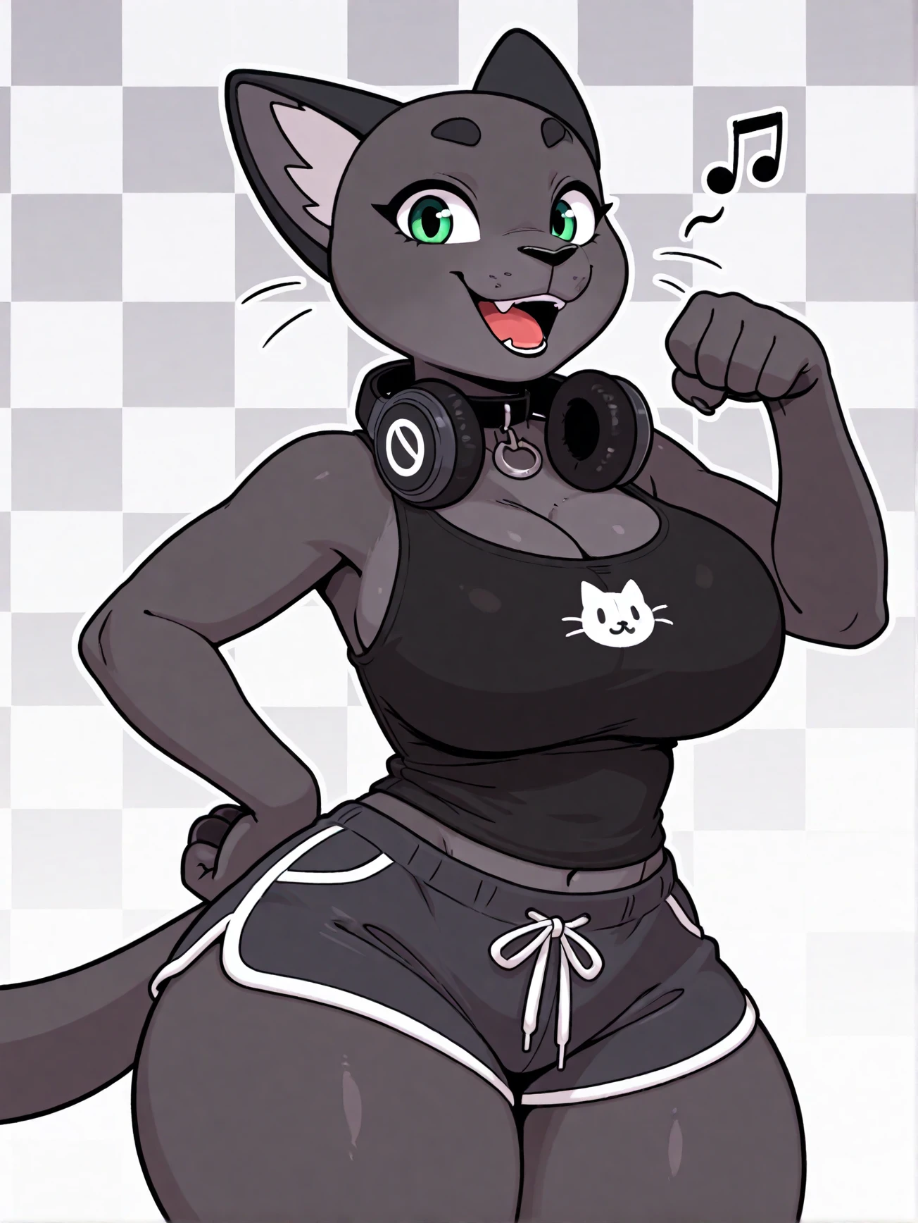 2d, cartoon, cartoon cat, best quality,extremely detailed, highres, masterpiece, 1 girl, furry, antro, animal ears, furry female, large green eyes, cat ears, cat nose, black fur, looking at viewer, fang,,BREAK thick thighs, wide hips, large breasts, black tank top, flat art, black headphones around neck, massive clevage, g string under shorts,dolphin shorts, happy, music notes, grey checkered background, collar,
<lora:CathyIllustrious:1>