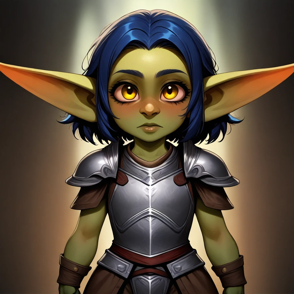 masterpiece, best quality, amazing quality, very aesthetic, absurdres, upper body, solo, goblin, short stature, shortstack, long pointed ears, big eyes, 1girl, female focus, blue hair, short hair, yellow eyes, green skin, grey armor, looking at the viewer, posing, blurred background, fantasy background