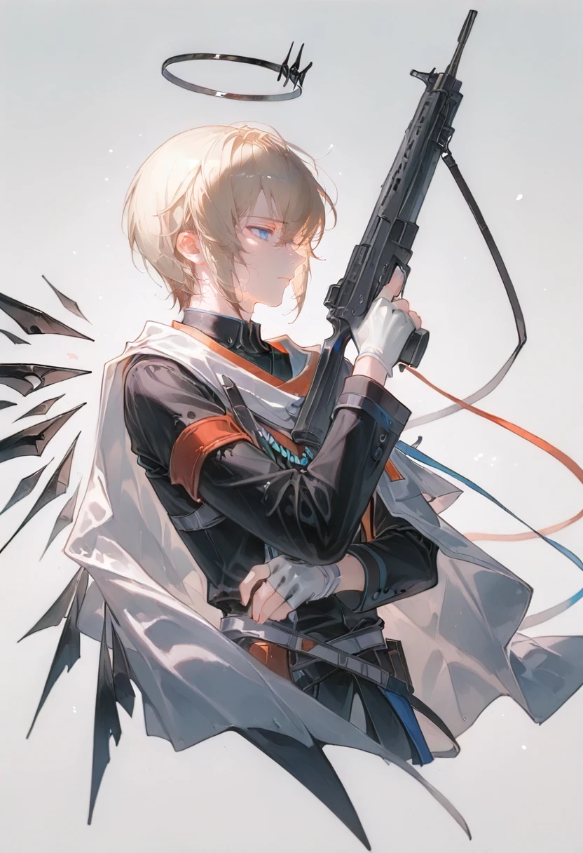 1boy,male focus,executor \(arknights\),executor the ex foedere \(arknights\),arknights,black shirt,black wings,brown hair,closed eyes,closed mouth,collared shirt,detached wings,from side,gloves,gun,halo,holding,holding gun,holding weapon,long sleeves,shirt,simple background,sketch,solo,upper body,weapon,white background,white gloves,wings,mechanical halo,furrowed brow,looking ahead,machine gun,black jacket,finger on trigger,blue eyes,hand up,fingerless gloves,short hair,cropped torso,profile,jacket,expressionless,energy wings,black halo,ammunition belt,high collar,cloak,mechanical arms,blonde hair,armor,white cloak,eyelasheep <lora:irohekiXL_il1_lokr_V6311P:0.95>