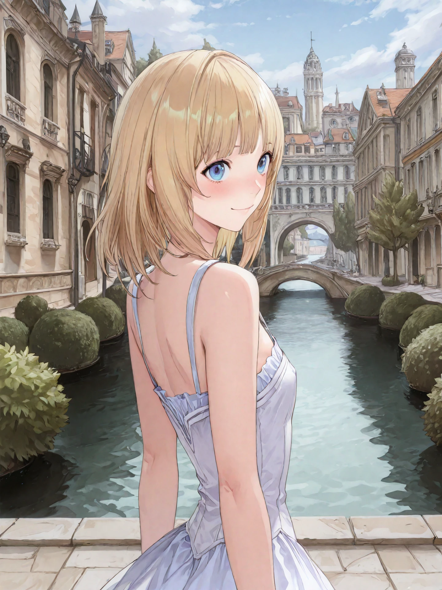 <lora:Lunafrena_L_0R:0.7>, <lora:CC_Aesthetic_Masterpiece_1:1>
<lora:ST_Kishida_Mel_Atelier_0R:0.9>, kishidamel
lunafrena-l, blue eyes, blonde hair, medium hair, bangs, small breasts
white dress, sleeveless
masterpiece, best quality, amazing quality, very aesthetic, absurdres, highres, detailed background, anime style
1girl, (detailed eyes:1.2), (detailed face:1.2), detailed skin
facing viewer, looking at viewer, dynamic pose, blush, smile
(outdoors, fantasy, venice, italian architecture, town, canal, tree, bush)