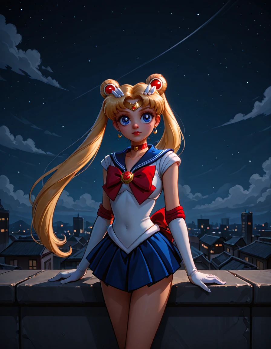 1girl, Sailor_moon, crecent moon, night sky, rooftop