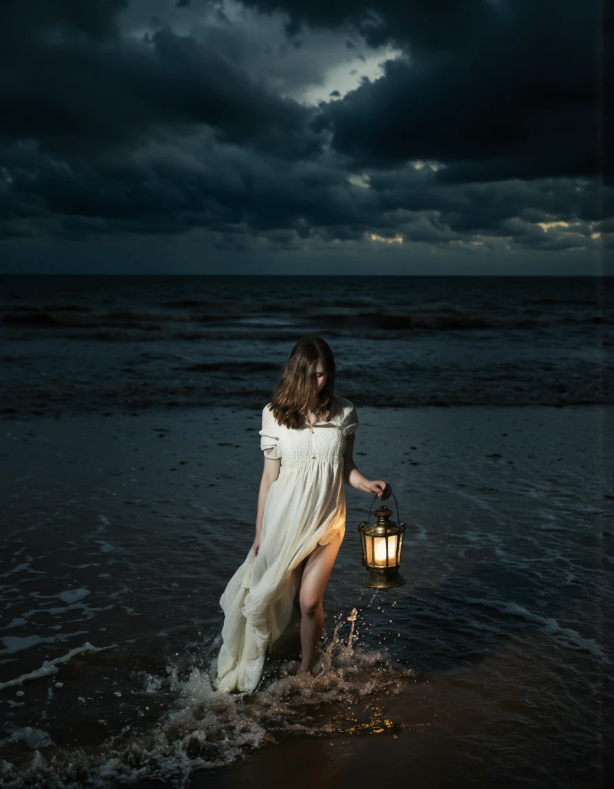 Art by Brooke Shaden. A photo-realistic shoot from behind about a woman in a long, flowing white dress is walking through water, holding a lantern, with a dark, stormy sky and ocean in the background. the image also shows a serene and atmospheric atmosphere. on the middle of the image, a young woman with long, dark brown hair appears to be walking towards the camera, with her full body visible. she is wearing a long white dress that is partially submerged in the water, with water splashing around her. her face is obscured by her long hair, and she is barefoot. her expression is not visible, and her body is slim. the woman is standing on a dark beach, with the ocean stretching out in front of her, and the sky is filled with dark, ominous clouds. the lighting is dim, creating a moody atmosphere. the overall effect is one of serenity and tranquility.