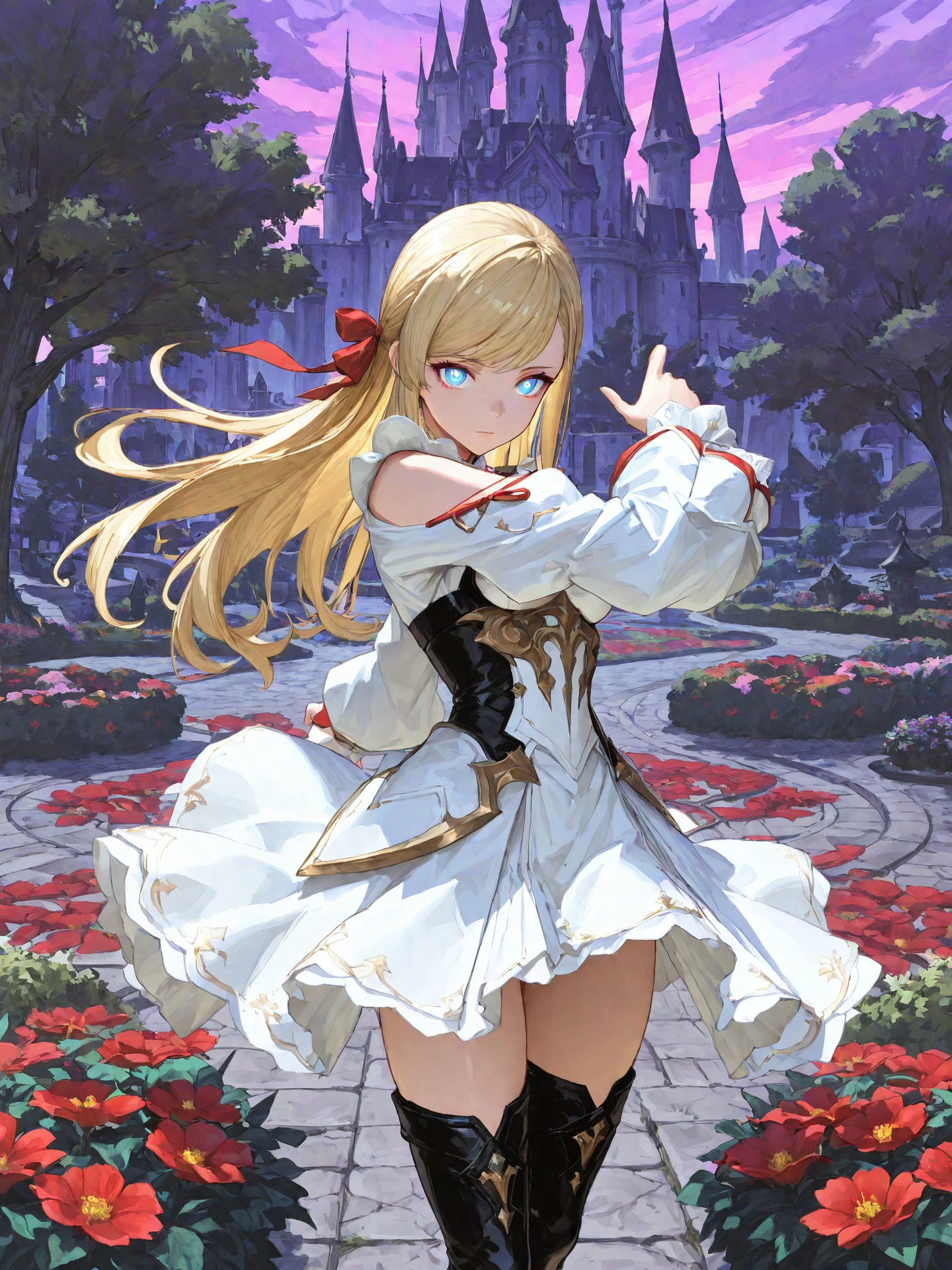 <lora:Minfilia_0R:0.7>, minfiliaffxiv, <lora:CC_Aesthetic_Masterpiece_1:1>
<lora:ST_Yahiro_Pochi_0R:0.3>, yahiropochi
blue eyes, bright pupils, glowing eyes, blonde hair, long hair, swept bangs, sidelocks, hair ribbon, red ribbon, medium breasts
white dress, shoulder cutout, long sleeves, white skirt, black thigh boots
masterpiece, best quality, amazing quality, very aesthetic, absurdres, highres, detailed background, anime style
1girl, (detailed eyes:1.2), (detailed face:1.2), detailed skin
facing viewer, looking at viewer, dynamic pose, expressionless
(outdoors, fantasy, town, castle, tree, bush, flower bed, purple sky)