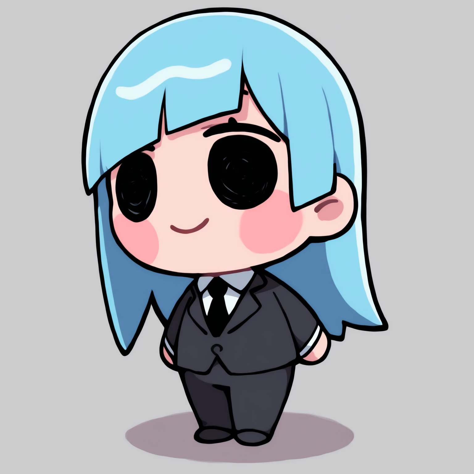 masterpiece, best quality, newest, chibi, full body, blush stickers, black eyes, solo, 1girl, m1wa, smile, standing, long hair, blue hair, straight hair, blunt bangs, diagonal bangs, black suit, black jacket, suit jacket, long sleeves, white shirt, collared shirt, black necktie, black pants, simple background
<segment:yolo-Anzhc Face seg 640 v3 y11n.pt,0.4,0.6//cid=11>