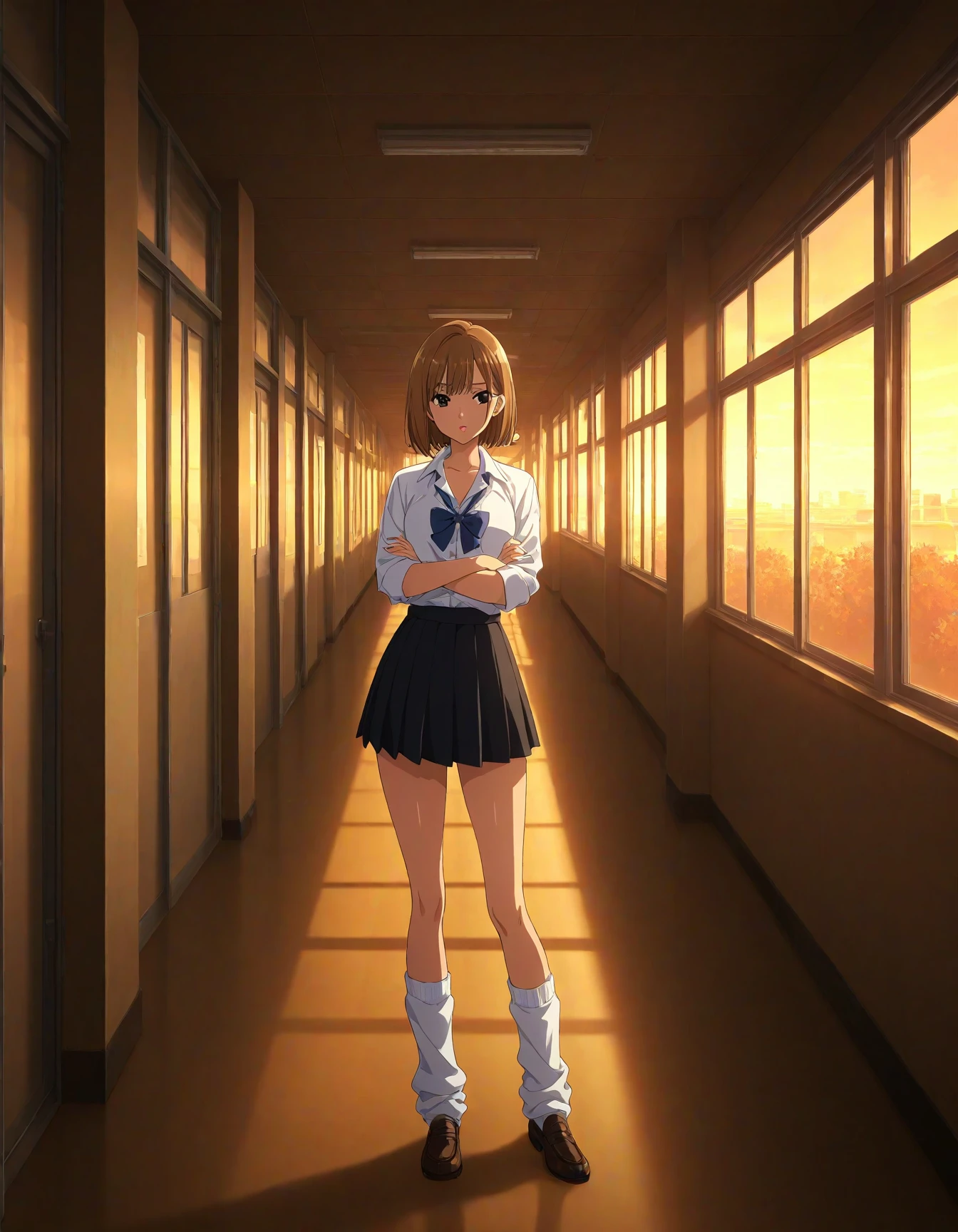 1girl, solo, gyaru, kogal, anime coloring, anime screenshot, general, wide shot, standing, crossed arms, short hair, brown hair, black eyes, pink lips, white shirt, black skirt, miniskirt, loose socks, loafers, school, corridor, window, twilight, masterpiece, highres, absurdres, detailed face, beautiful face, detailed eyes, beautiful eyes, shiny hair, newest, best quality, good quality, amazing quality, great quality, very aesthetic