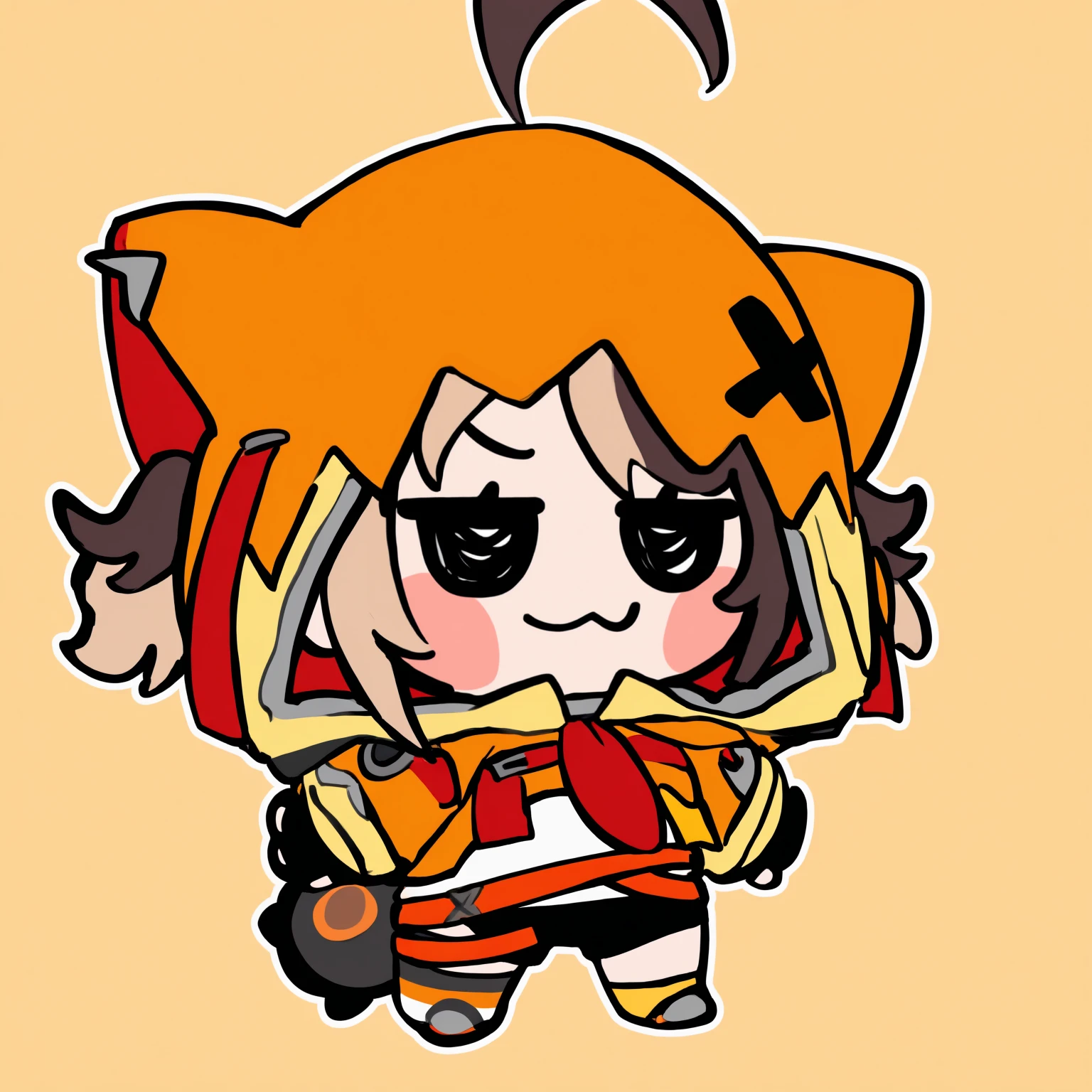 masterpiece, best quality, newest, chibi, full body, blush stickers, black eyes, solo, 1girl, GigiBase, smug, standing, multicolored hair, short twintails, ahoge, animal hood, hood up, orange jacket, cropped jacket, white shirt, black gloves, fingerless gloves, black shorts, single thighhigh, striped thighhigh, tail, simple background
<segment:yolo-Anzhc Face seg 640 v3 y11n.pt,0.4,0.6//cid=11>