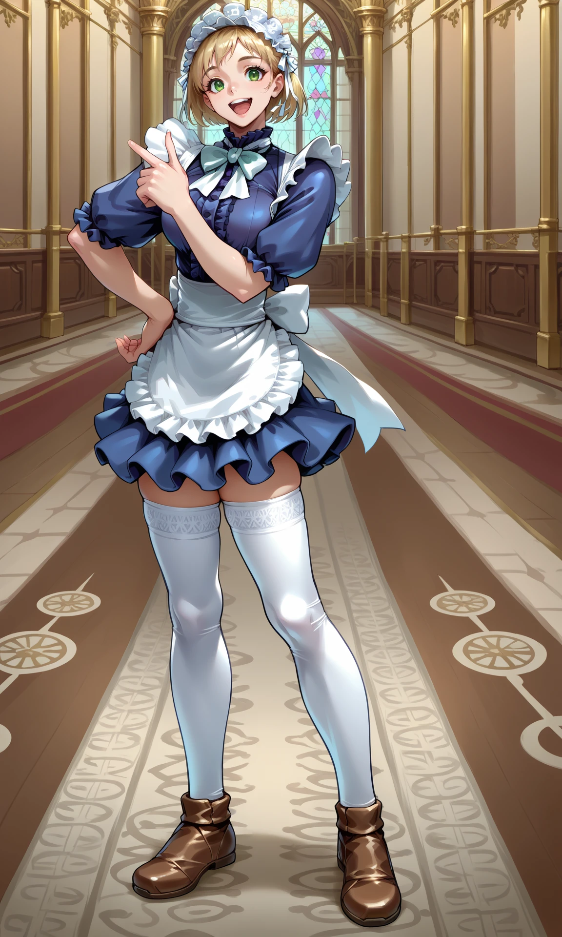 (Masterpiece), Best Quality, ultra-detailed, perfect hands(Delicate finger expression), perfect legs, Delicate eye expression, delicate face expression,1girl(pulesia, petite, small and pretty breasts, naked body, empty eye),blank face, closed mouth, Solo, nude, full body,maid (black,ultra miniskirt),maid headdress, skirt lift, pussy, cum in pussy, in a bedroom,standing, Sexy waist teasing, provocative pose, wicked smile