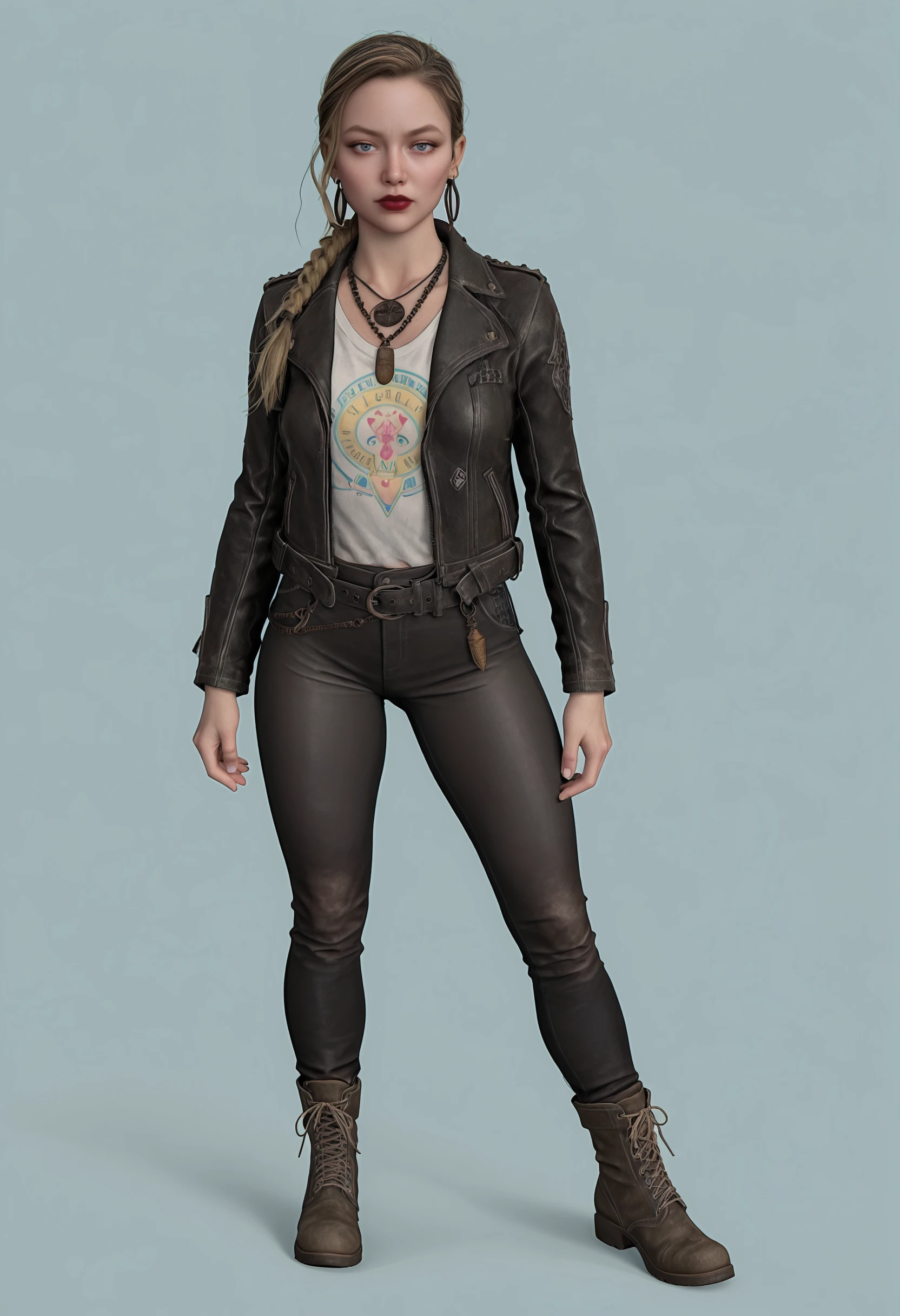 masterpiece, best quality, amazing quality, very aesthetic, absurdres, newest, <lora:AbbyAndersonILf:1> 4bbilf, 1girl, blonde hair, single braid, blue eyes, shirt, leather jacket, long sleeves, necklace, red lips, hoop earrings, pants, boots, full body, standing, looking at viewer,
light blue background, simple background,