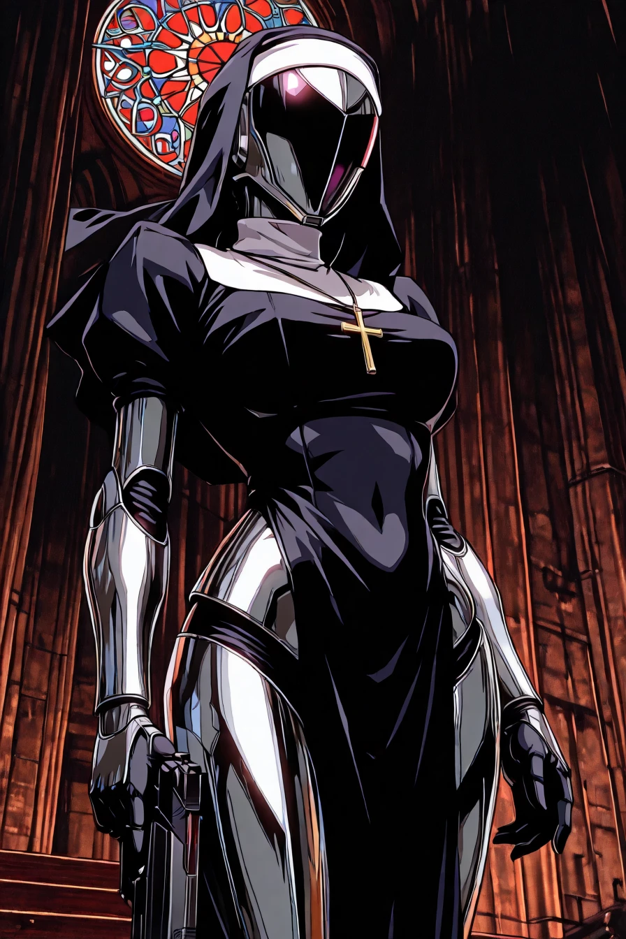 1girl, solo, alone, nun, cross necklace, robot, android, helmet, handgun, <lora:cyber_art_illustriousXL-000019:1>, cyber_art_style, masterpiece, highres