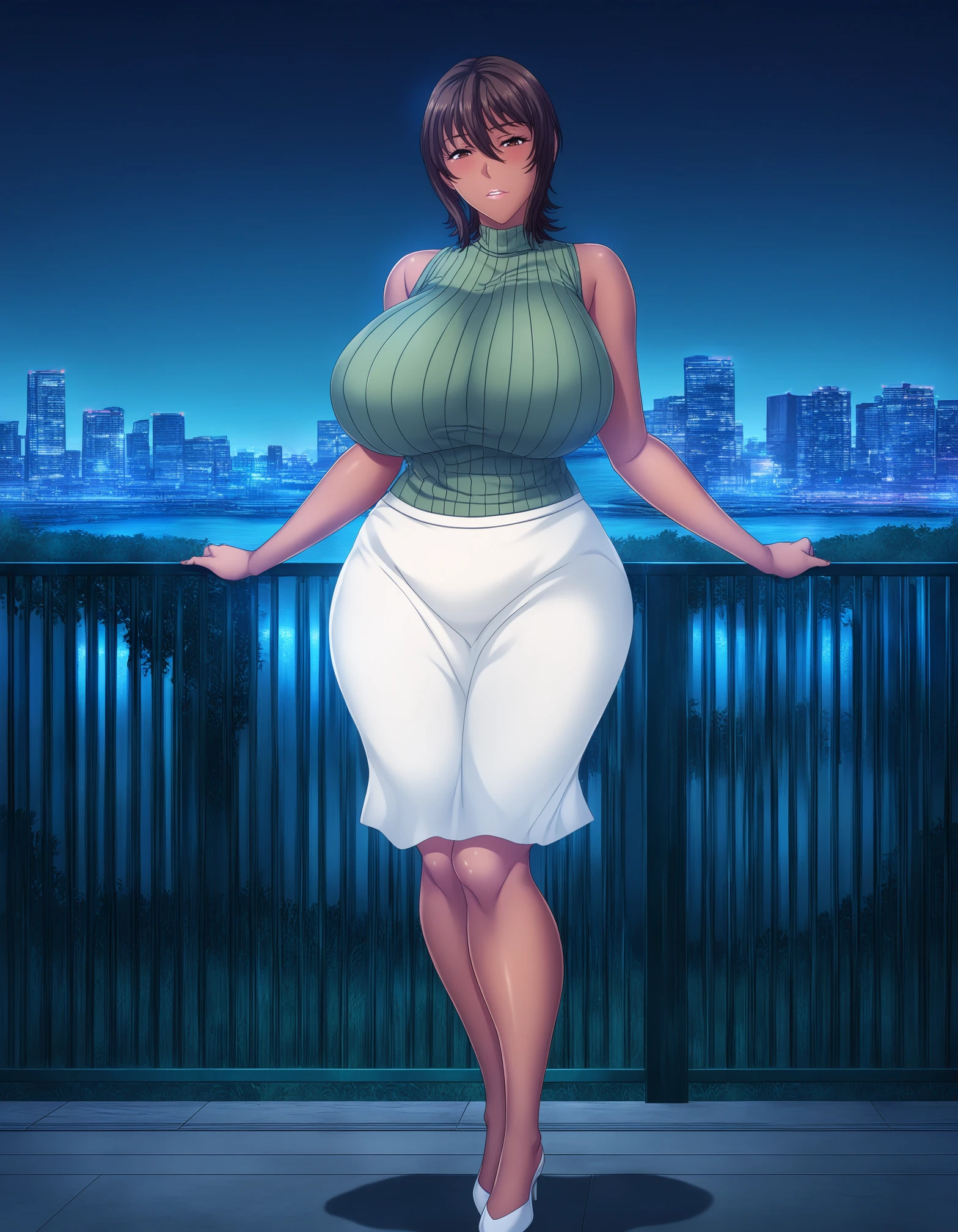 (best quality,4k,8k,highres,masterpiece:1.2), ultra-detailed, UHD, bokkeh, sexy woman, mature, milf, huge breasts, large breasts, curvy, voluptuous, completely nude, nude, pussy, nipples, earrings, sweating, shiny skin, serious, standing, solo focus, rooftop, city scenary, outdoors, night time, auntjunev3, single hair bun, bangs, messy hair,brown hair,Purple Eyes 