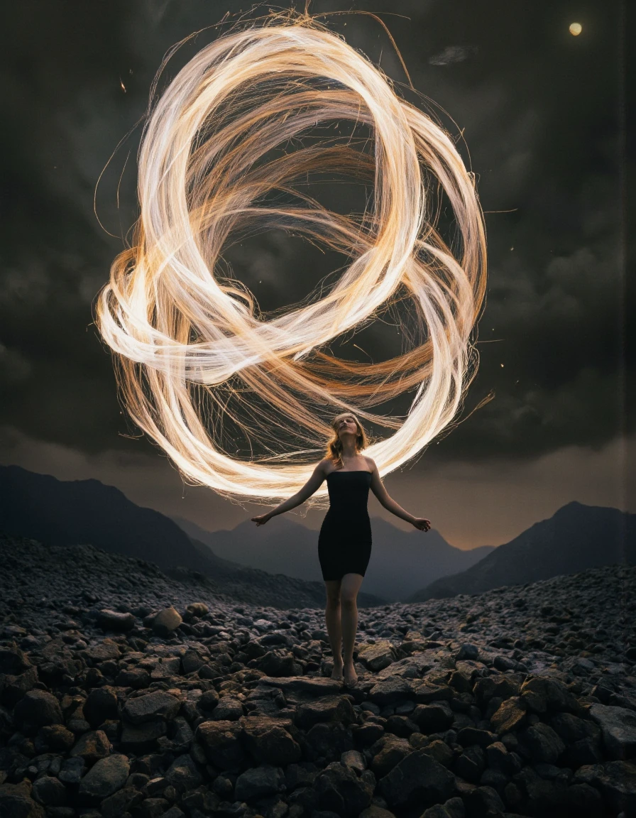 Art by Brooke Shaden. A photo-realistic shoot from a far camera angle about a mysterious figure standing in a surreal landscape, surrounded by swirling light effects. the image also shows a woman, who appears to be in her mid-twenties, standing in the middle of the image, with her full body facing the viewer. she is wearing a form-fitting black dress that accentuates her slender physique and bare shoulders. her hair is styled in a way that frames her face, and her eyes are directed straight ahead, giving her a serene expression. her arms are outstretched, as if she is walking towards the horizon. the woman is standing on a rocky terrain, with a large, swirling light source behind her, creating a sense of depth and movement. the background is a dark, foggy environment with distant mountains and a distant planet, adding to the mysterious and ethereal atmosphere of the scene. the lighting is soft and diffused, casting a warm glow on the woman's figure and the surrounding landscape.