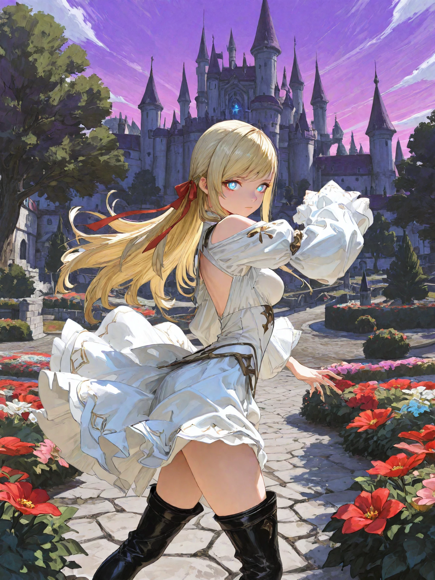 <lora:Minfilia_0R:0.7>, minfiliaffxiv, <lora:CC_Aesthetic_Masterpiece_1:1>
<lora:ST_Hiro_Dismaless_0R:0.3>, hirodismaless
blue eyes, bright pupils, glowing eyes, blonde hair, long hair, swept bangs, sidelocks, hair ribbon, red ribbon, medium breasts
white dress, shoulder cutout, long sleeves, white skirt, black thigh boots
masterpiece, best quality, amazing quality, very aesthetic, absurdres, highres, detailed background, anime style
1girl, (detailed eyes:1.2), (detailed face:1.2), detailed skin
looking at viewer, dynamic pose, expressionless
(outdoors, fantasy, town, castle, tree, bush, flower bed, purple sky)