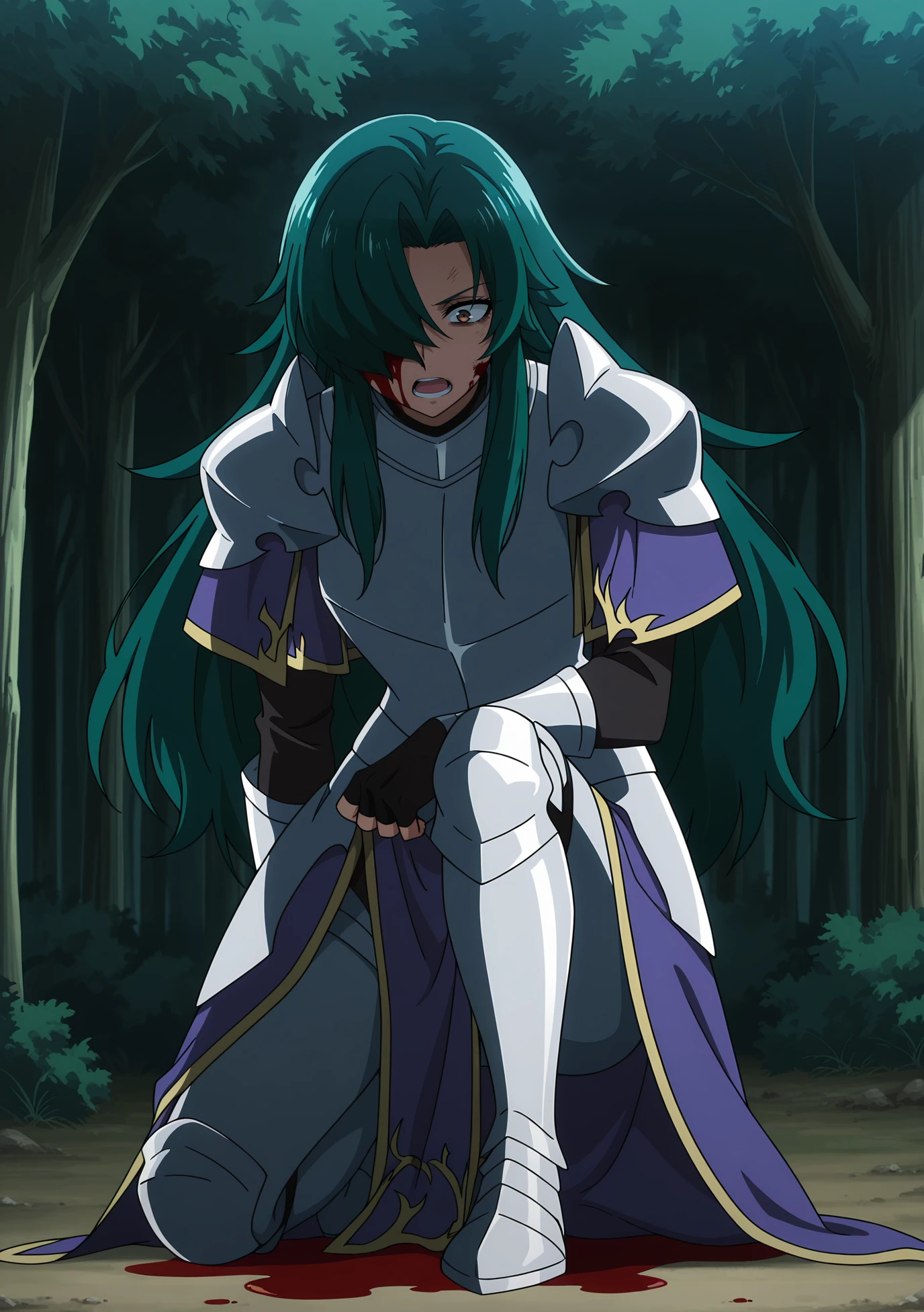 volumetric lighting, official style, amazing quality, ultra detailed, highres, detailed background,anime coloring, (anime screencap) masterpiece, detailed face,1girl <lora:Rose__:0.9>Rose, solo, green hair, long hair, open mouth, blood, blood on face, blood dripping from face, blood on ground, armor, hair over one eye, brown eyes, forest, nature, fingerless gloves, tree, on one knee, dutch angle