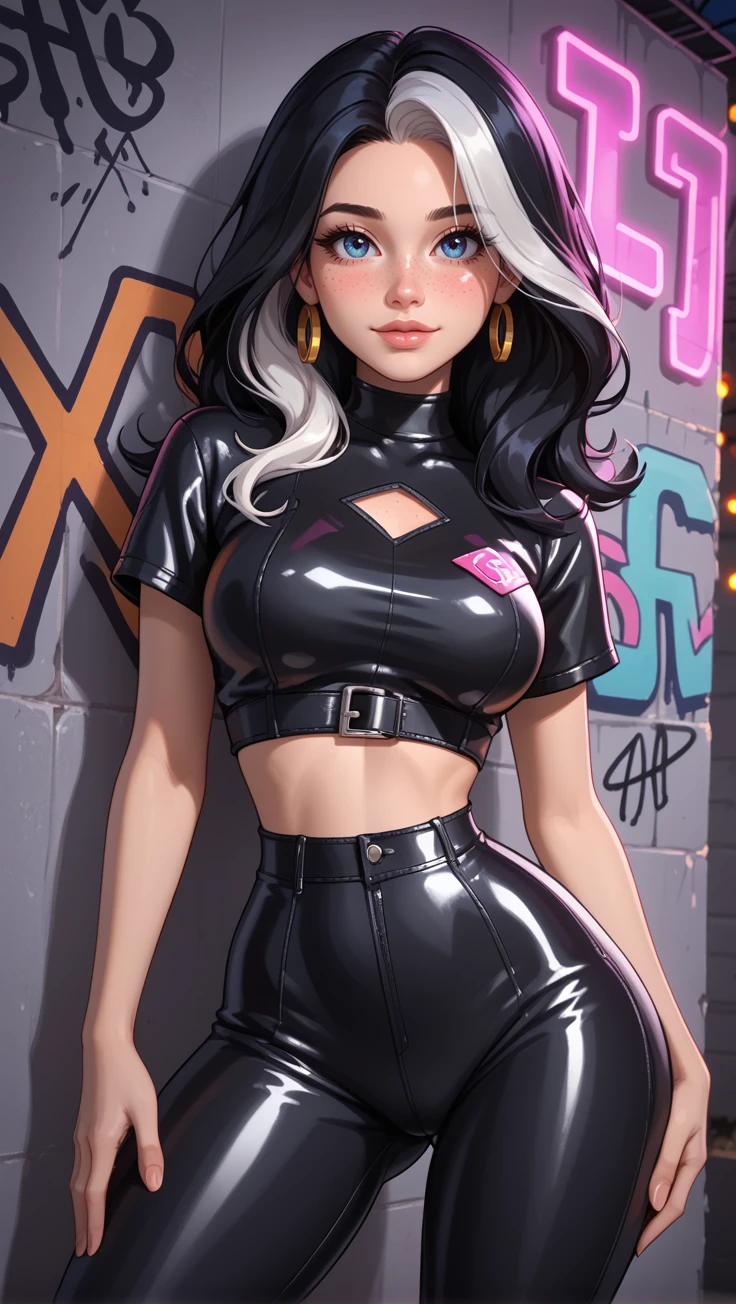 score_9, score_8_up, score_7_up, bokeh, close-up,
girl, underground club chaos, (beautiful face, cute face, 18 years old) long jet black hair with soft white highlights, solo, [[freckles on face, freckles on chest, freckles on breasts]], (narrow waist, narrow hips:1.3), tight leather bralette and low-rise leather pants, leaning against graffiti wall, legs apart, arched back, ((butt)) tight in leather, flashing colored lights, wild energy in the air