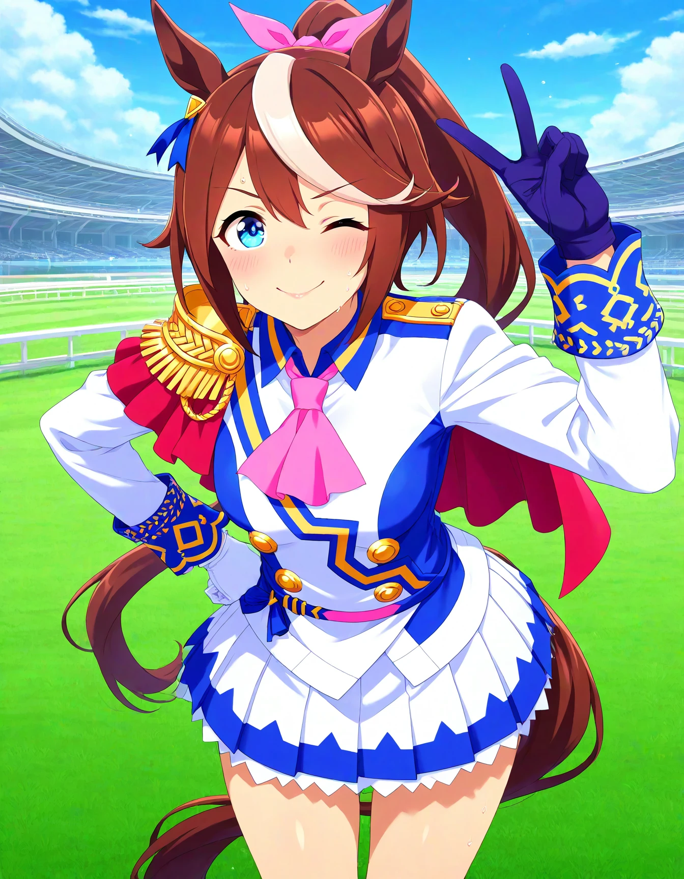 1girl, solo, tokai teio \(umamusume\), umamusume, anime coloring, anime screenshot, general, horse racing track, standing, v, one eye closed, sweat, lips, medium breasts, white gloves, blue gloves, masterpiece, highres, absurdres, detailed face, beautiful face, detailed eyes, beautiful eyes, shiny hair, newest, best quality, good quality, amazing quality, great quality, very aesthetic