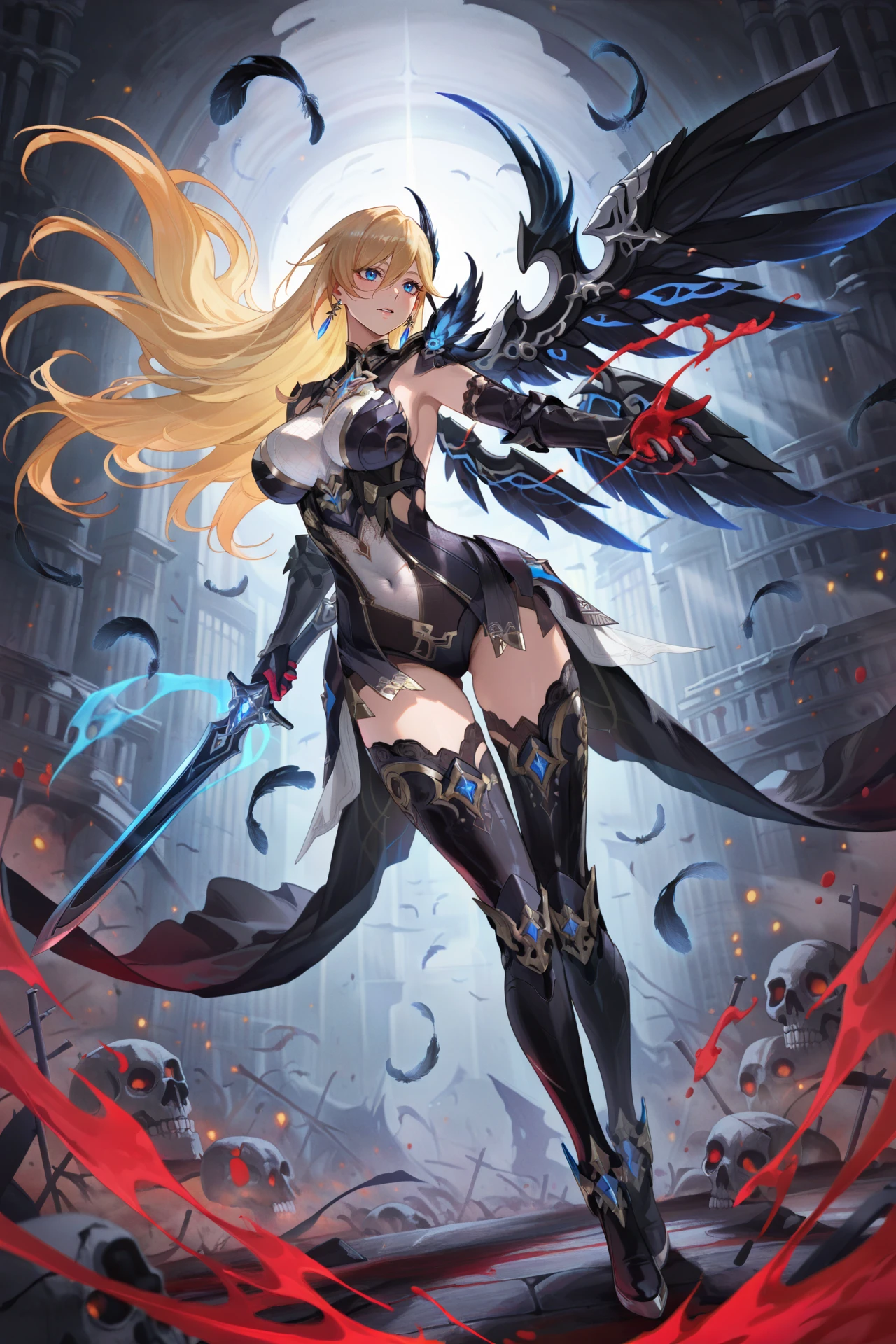 <lora:jijia-gnoobv-Tanger-000014:0.7>,
Dynamic illustration,full body,swordsman with white hair,wielding a katana up with dripping blood,double wings,giant wings,feathers falling,battlefield,pile skulls,dark fantasy,dramatic lighting,highly detailed armor,art by Yoshitaka Amano and Ayami Kojima,intricate details,masterpiece,best quality,absurdres,very aesthetic,very awa,newest,748cmstyle,usnr,gbf_style,usnr,<lora:add-detail-xl:0.8>,
<lora:Durandal-PalatinusEquinox-noob-Tanger:0.75>,
Durandal \(Palatinus Equinox\) dark,clothes: black style armor suit,black style thigh boots,black style Durandal,black Feather decoration on the right shoulder,1girl,blonde hair,long hair,blue eyes,breasts,earrings,elbow gloves,jewelry,single left black mechanical wing,single wing,