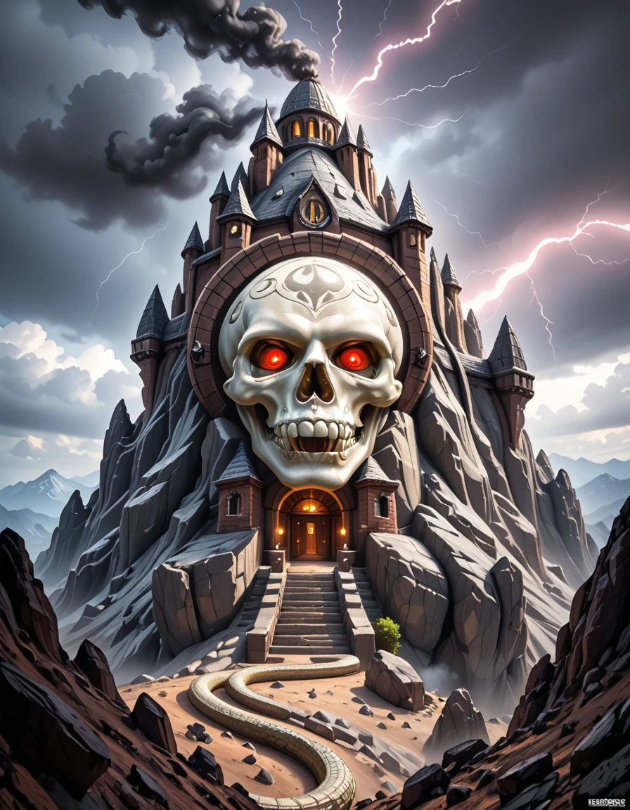 A dramatic, photorealistic view of Snake Mountain, the dark fortress of Skeletor, rising ominously from a barren, jagged landscape under a storm-filled sky. The mountain is twisted and grotesque, with serpent-like architecture coiling around its spires, and a massive demonic skull carved into the rock face serving as its entrance. Glowing red eyes peer from the skull's sockets, and dark smoke billows from vents in the stone. Thunder cracks in the distance, casting sharp flashes of light across the obsidian peaks and shadowed valleys below. The entire scene radiates menace, power, and ancient dark magic.Snake M0unt41n, <lora:Snake_M0unt41n-p:1>,score_9, score_8_up, score_7_up,amazing quality, ultra realistic, 3D, HD, best quality, amazing quality, very aesthetic, absurdres