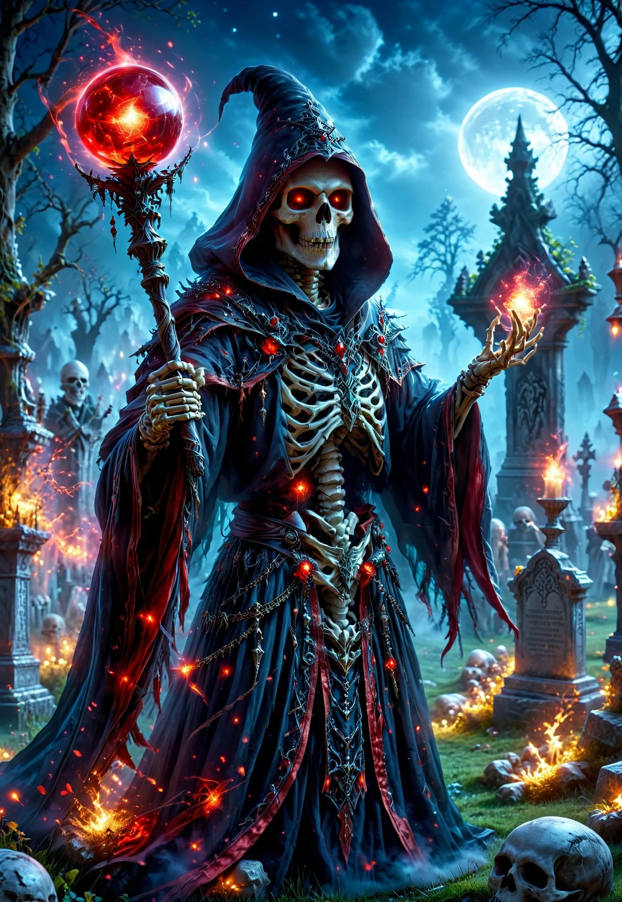 a detailed and realistic image of a skeleton wizard, wearing dark magic robe and hood, wielding a red orbstaff, glowing eyes, casting red magic, graveyard in background, night time, HD, masterpiece, best quality, hyper detailed, ultra detailed, realistic