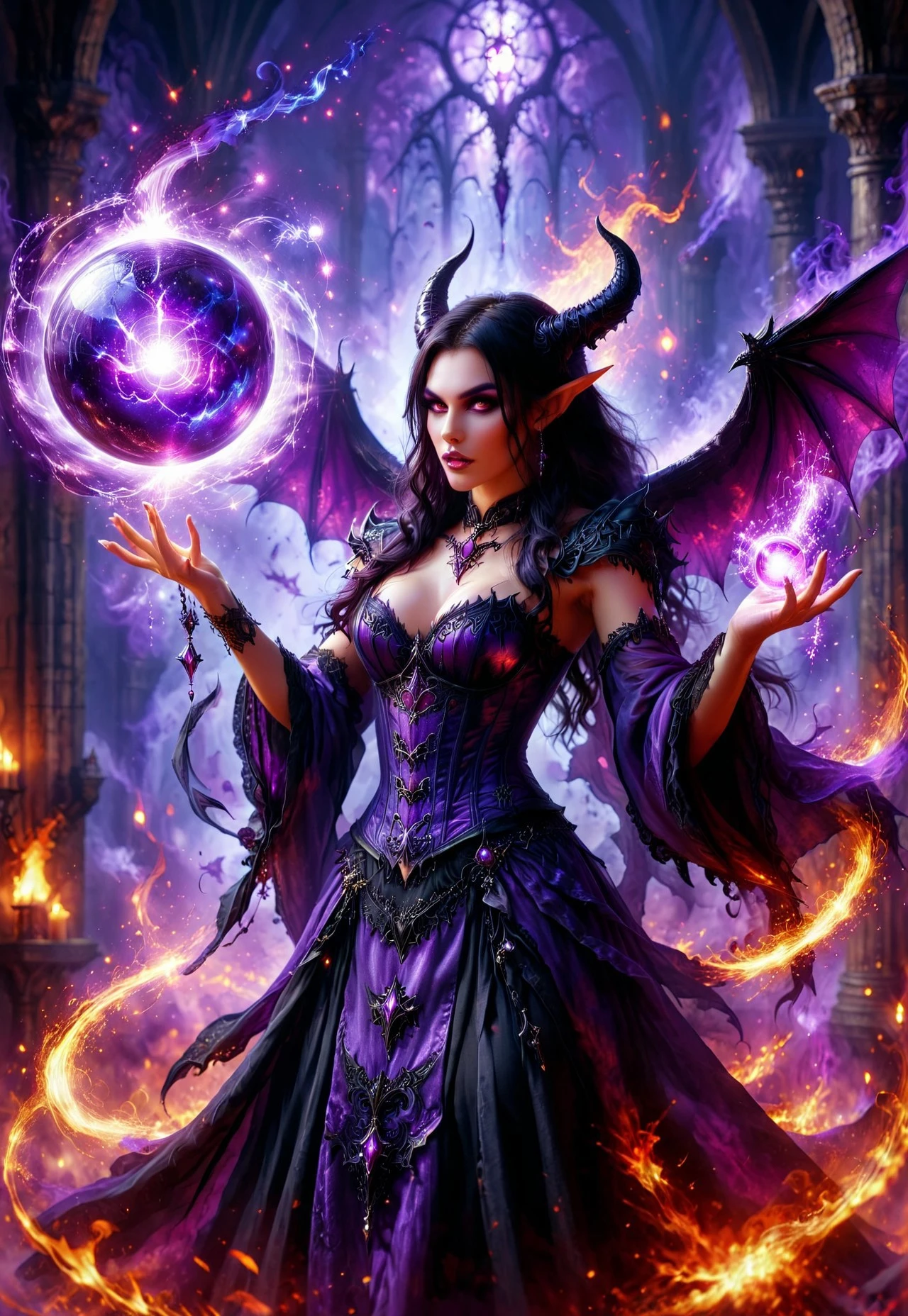 A powerful and beautiful succubus sorcerer casting a purple magical orb blast from her hand. she has big purple burning demon wings on her back, wearing a corset. The spell is flying away from her hand as she sends the magical spell orb hurdling through the air. hell in background