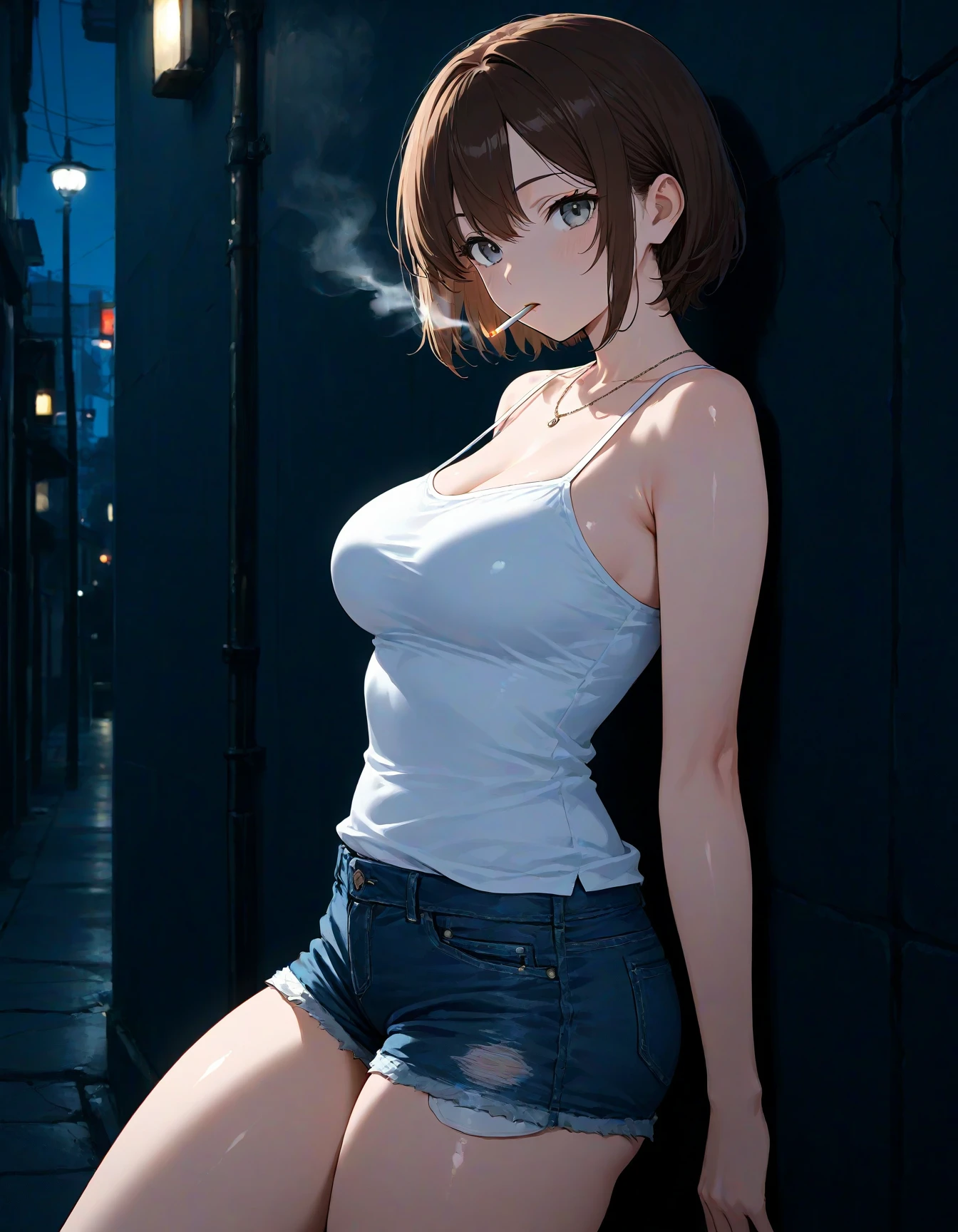 1girl, solo, general, looking at viewer, cigarette, outdoors, against wall, dark, black theme, short hair, brown hair, grey eyes, medium breasts, thick thighs, white camisole, denim shorts, necklace, masterpiece, highres, absurdres, detailed face, beautiful face, detailed eyes, beautiful eyes, shiny hair, newest, best quality, good quality, amazing quality, great quality, very aesthetic