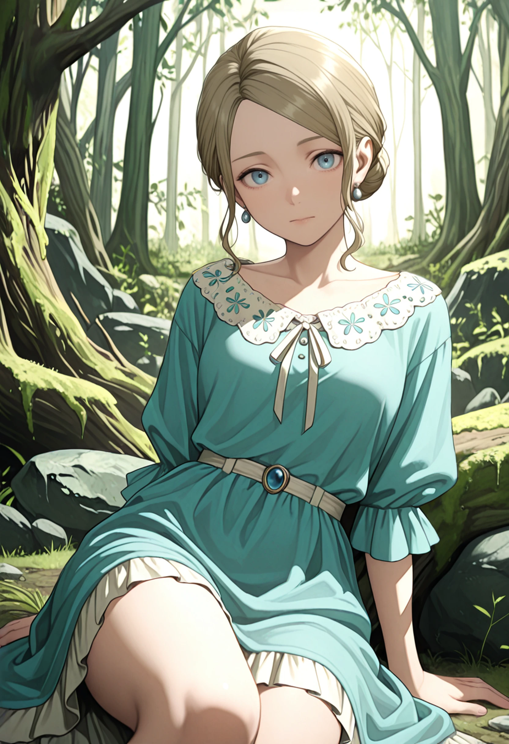 masterpiece, best quality, absurdres, highres, extremely high detail,
<lora:ILTEW2Myra:1.0>
TEW2Myra, 1girl, blonde hair, blue eyes, hair bun, looking at viewer, reclining on a moss-covered rock, enchanted forest background, magical realism, soft dreamlike tones, editorial shoot