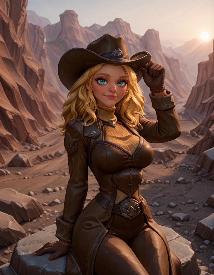 masterpiece, ultra-detailed, cinematic lighting, highres, <lora:Illustrious - Guild Wars 2 - Human Engineer - Epoch 10:0.75> GW_Engineer, 1girl, blonde hair, yellow hair, long hair, wavy hair, long coat, teal eyes, light skin, mascara, large breasts, standard_outfit, solo, gloves, waist, upper body, cowboy hat, looking at viewer, sitting on stone, sly, sexy, tilting head, canyon, tipping hat at viewer, cowgirl, touching hat, beautiful, light smile,