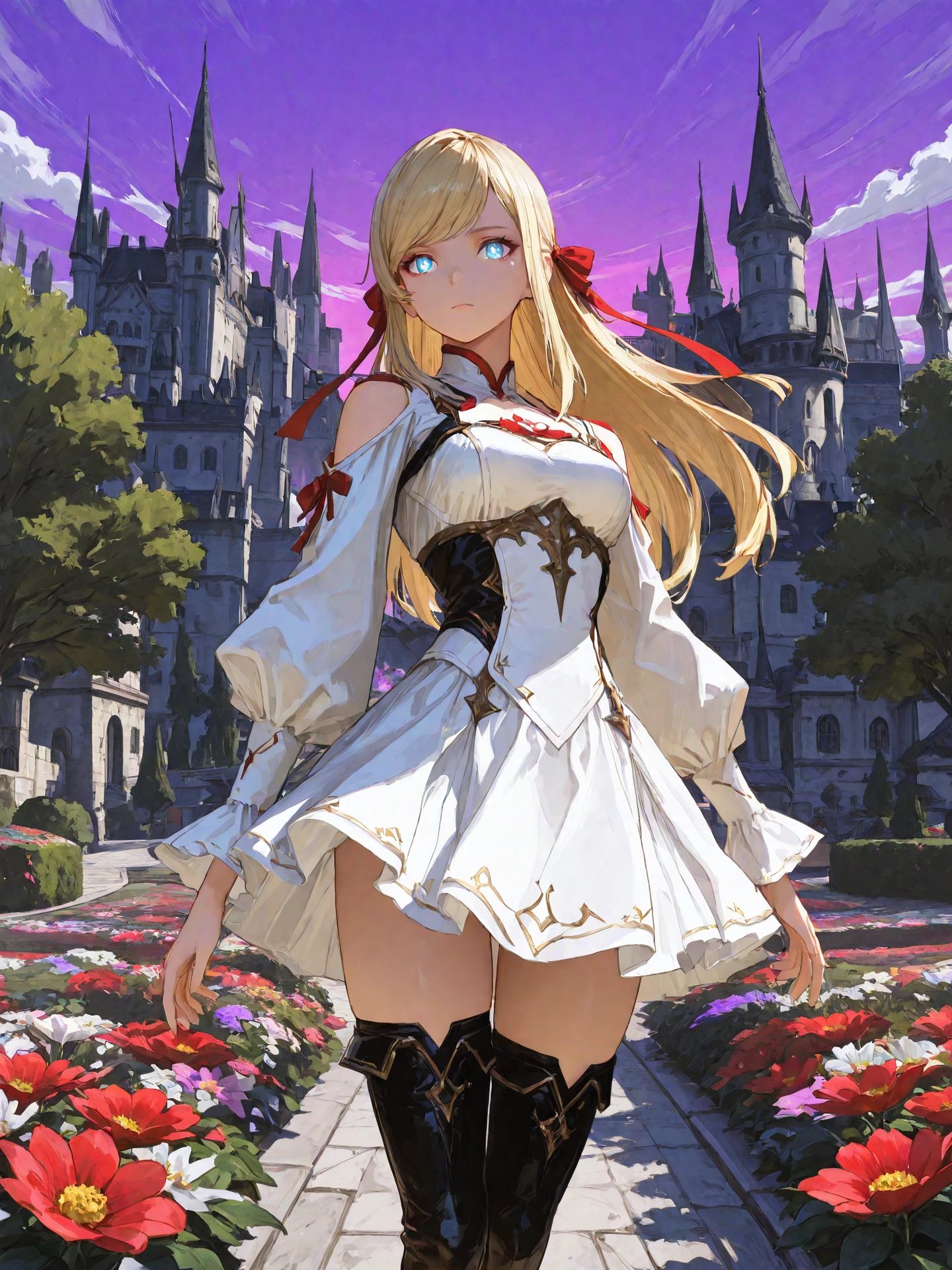 <lora:Minfilia_0R:0.7>, minfiliaffxiv, <lora:CC_Aesthetic_Masterpiece_1:1>
<lora:ST_Sailor_Moon_0R:0.3>, bsssmstyle
blue eyes, bright pupils, glowing eyes, blonde hair, long hair, swept bangs, sidelocks, hair ribbon, red ribbon, medium breasts
white dress, shoulder cutout, long sleeves, white skirt, black thigh boots
masterpiece, best quality, amazing quality, very aesthetic, absurdres, highres, detailed background, anime style
1girl, (detailed eyes:1.2), (detailed face:1.2), detailed skin
facing viewer, looking at viewer, dynamic pose, expressionless
(outdoors, fantasy, town, castle, tree, bush, flower bed, purple sky)