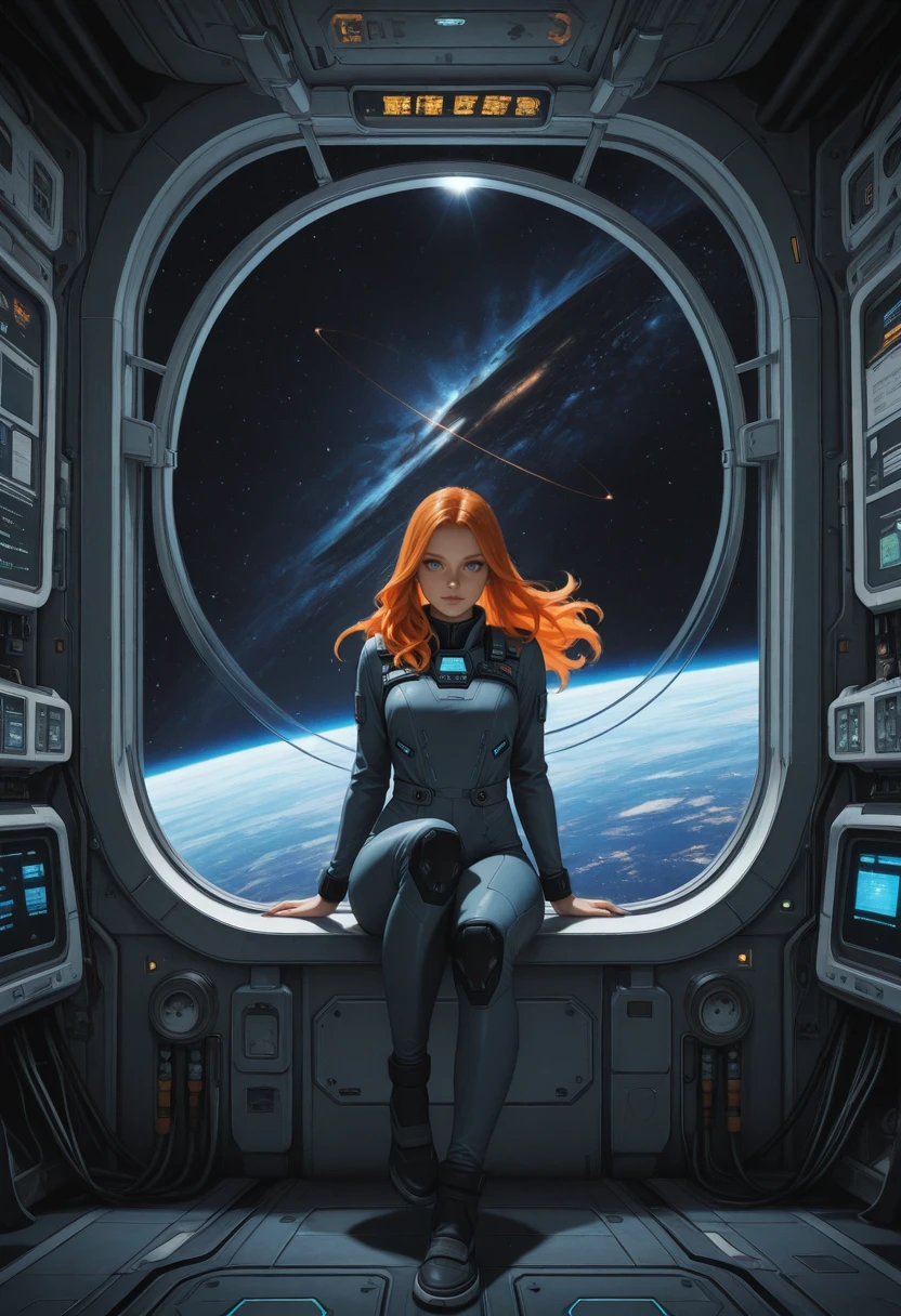 masterpiece, best quality, absurdres, highres, extremely high detail,
<lora:ILSpider2MaryJ:1.0>
Spider2MaryJ, 1girl, orange hair, long hair, blue eyes, looking at viewer, in a futuristic suit, room, window, space station, space, full body, dynamic pose, sitting