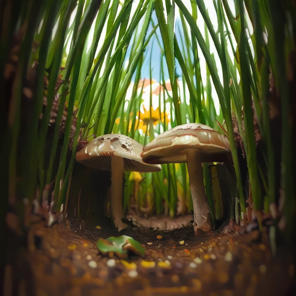MgtinyWrld_fld, MgtinyWrld_yrd, sky, forest, leaf, sunflower, mgtinywrld_home, solo, depth of field, field, mgtinywrld_yrd, plant, mgtinywrld_grs, grass, mushroom, flower field, blurry