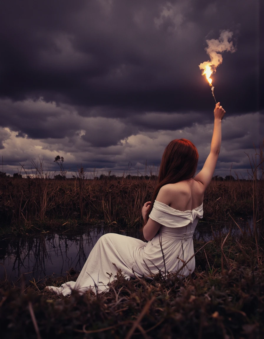 Art by Brooke Shaden. A photo-realistic shoot from the side about a woman sitting in a field, holding a torch, with a dramatic, stormy sky in the background. the woman, who appears to be in her mid-twenties, is facing away from the camera, with her long brown hair cascading down her back. she is wearing a white, off-the-shoulder dress that is pulled down to her shoulders, revealing her bare shoulders. her expression is one of sadness and despair, as if she is lost in her own world. her hands are clasped together in front of her, and she is holding a burning torch above her head, emitting a trail of white smoke. the scene is set against a dark, purple sky with a few clouds, and the surrounding area is filled with tall, dry grass and a small, reflective pond. the lighting is dramatic, with the colors blending together to create a sense of depth and atmosphere. the overall mood is somber and contemplative, evoking a feeling of loneliness and despair.