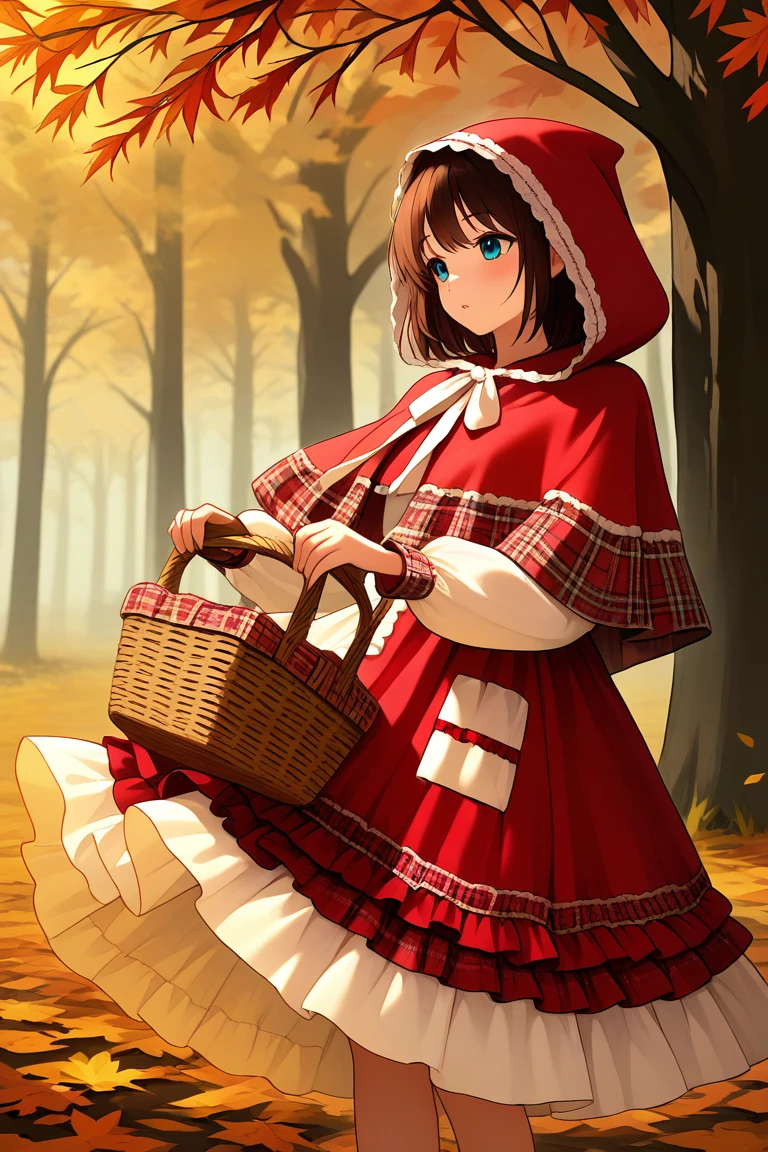 forest, autumn_forest, falling_leaves, glowing_light, storybook_style, watercolor_(style), painterly
,1girl,<lora:Red_hood_layered_dress:1>,,Red_hood_layered_dress,dress,red dress,long sleeves,frills,frilled dress,hood,red hood,capelet,red capelet,layered dress,holding basket, basket, masterpiece, best quality, amazing quality, newest