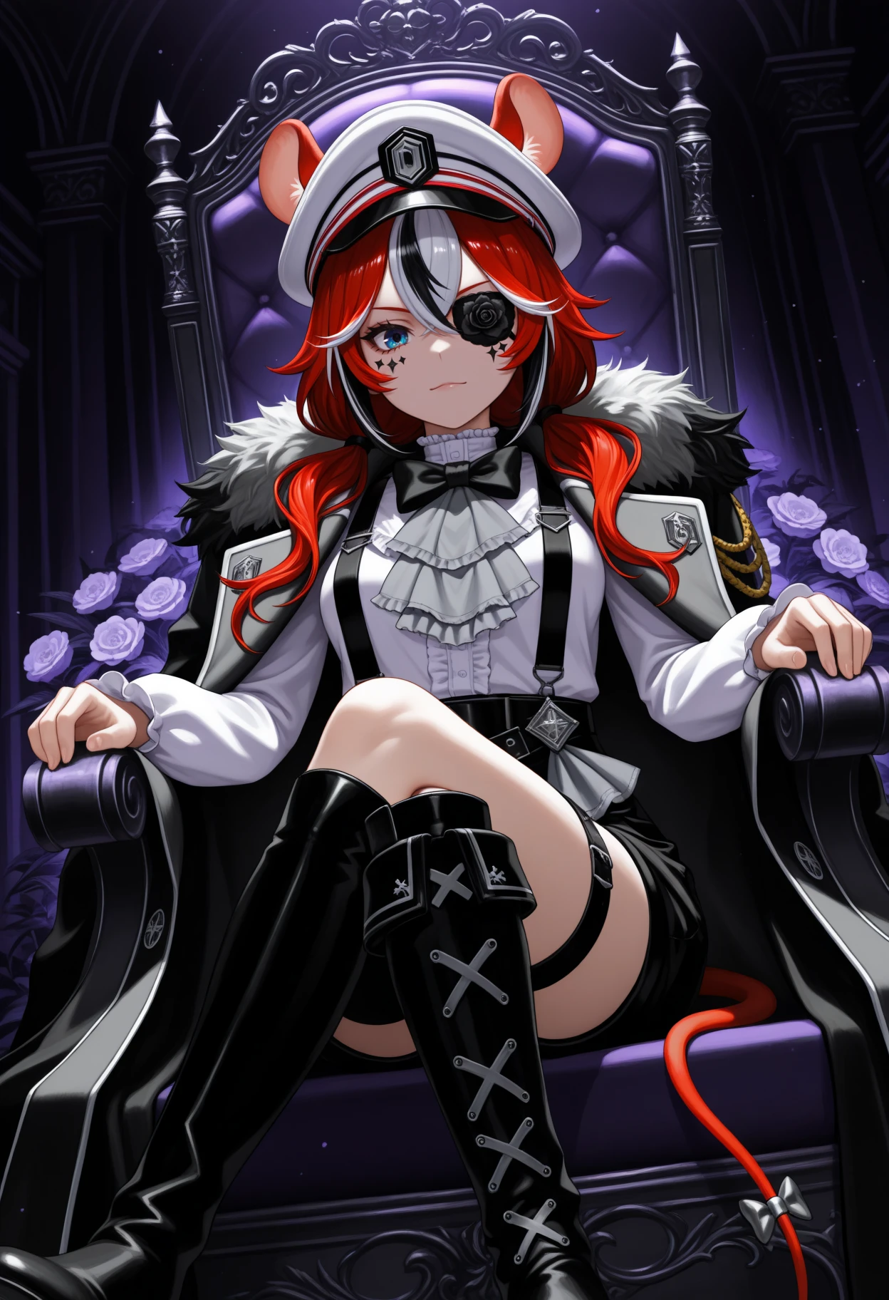 masterpiece, best quality, 1girl, solo, B4elzStlRs, blue eyes, multicolored hair, red hair, white hair, black hair, very long hair, low twintails, animal ears, white cap, flower eyepatch, facial mark, black coat, coat on shoulders, fur-trimmed coat, aiguillette, black bowtie, grey ascot, white shirt, frilled shirt, suspenders, black shorts, black belt, black thigh strap, uneven legwear, black boots, tail, tail ornament, indoors, dark theme, purple theme, royal, crossed legs, sitting, on throne, dutch angle, serious, looking at viewer, slight smile, <lora:ChamHakosBaelzNoob:1>