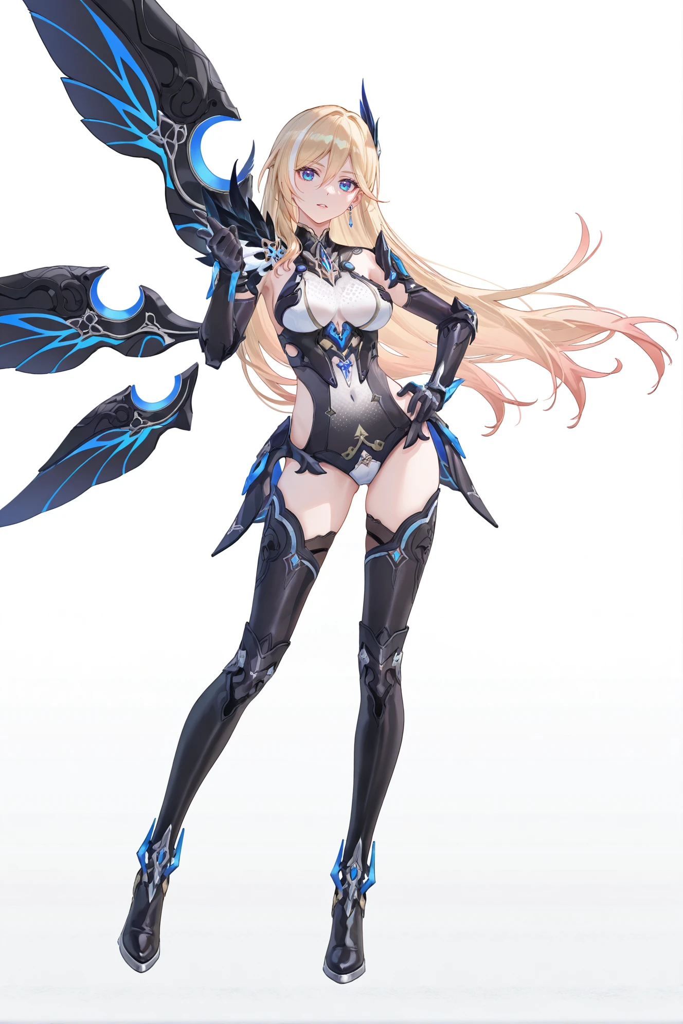 8k,best quality,masterpiece,(ultra-detailed),(high detailed skin),
((artist:reoen),(artist:fuzichoco),(artist:atdan),(artist:torino_aqua),year 2024:0.8)1girl,[artist:wlop],[artist:ningen_mame],artist:ciloranko,[[artist:rhasta]],artist:tidsean,colorful,
full body,full shot,standing,looking at viewer,(solo:1.2),simple background,(white background:1.2),hand on own hip,(white background:1.1),
<lora:Durandal-PalatinusEquinox-noob-Tanger:0.8>,
Durandal \(Palatinus Equinox\) dark,clothes: black style armor suit,black style thigh boots,black style Durandal,black Feather decoration on the right shoulder,1girl,blonde hair,long hair,blue eyes,breasts,earrings,elbow gloves,jewelry,single left black mechanical wing,single wing,