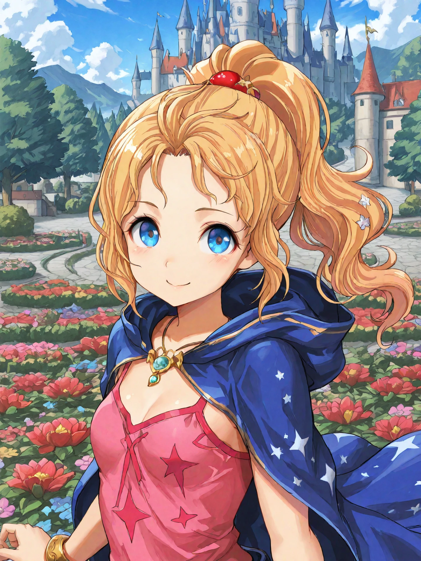 <lora:Kururu_Maia_Baldesion_0R:0.7>, kururuffv, <lora:CC_Aesthetic_Masterpiece_1:1>
<lora:ST_Yahiro_Pochi_0R:0.9>, yahiropochi
kururuffv, blonde hair, long hair, wavy hair, ponytail, blue eyes, hair ornament, jewelry, pendant, small breasts
pink tank top, star print, hood down, blue cloak, bracelet
masterpiece, best quality, amazing quality, very aesthetic, absurdres, highres, detailed background, anime style
1girl, (detailed eyes:1.2), (detailed face:1.2), detailed skin
facing viewer, looking at viewer, dynamic pose, smile, (open mouth:0.6), close-up
(outdoors, fantasy, town, castle, tree, bush, flower bed)