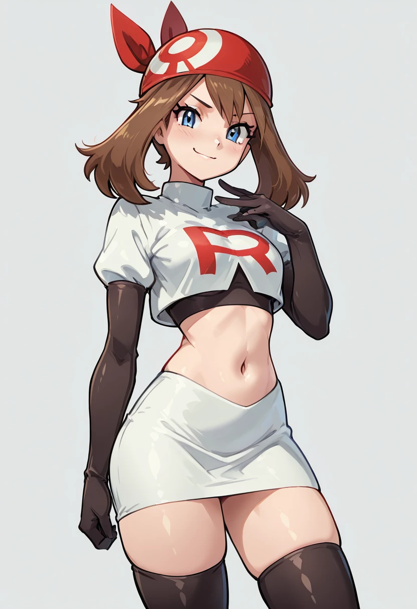 masterpiece, best quality, 1girl, solo, eyelashes, (beautiful eyes), smile, looking at viewer, zzMayRocket, blue eyes, red bandana, cropped jacket, short sleeves, confident smirk, futuristic headquarters, glowing red logo behind her, black gloves, thigh boots, white skirt fluttering. Standing tall beneath the Rocket insignia, zzMayRocket commands attention, her sharp gaze and commanding presence setting the tone for the mission ahead. <lora:MayTeamRocketPokemon_IXL:1.0>,