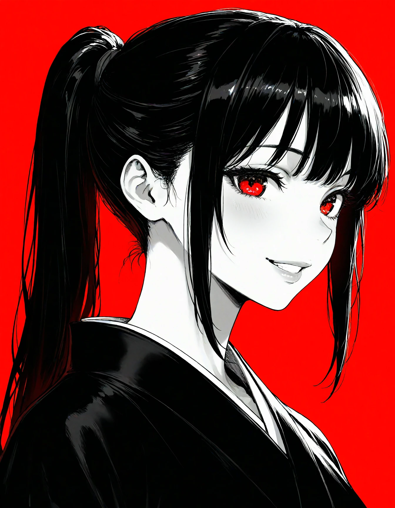 1girl, solo, general, grin, black hair, ponytail, red eyes, lips, kimono, red background, monochrome, masterpiece, highres, absurdres, detailed face, beautiful face, detailed eyes, beautiful eyes, shiny hair, newest, best quality, good quality, amazing quality, great quality, very aesthetic