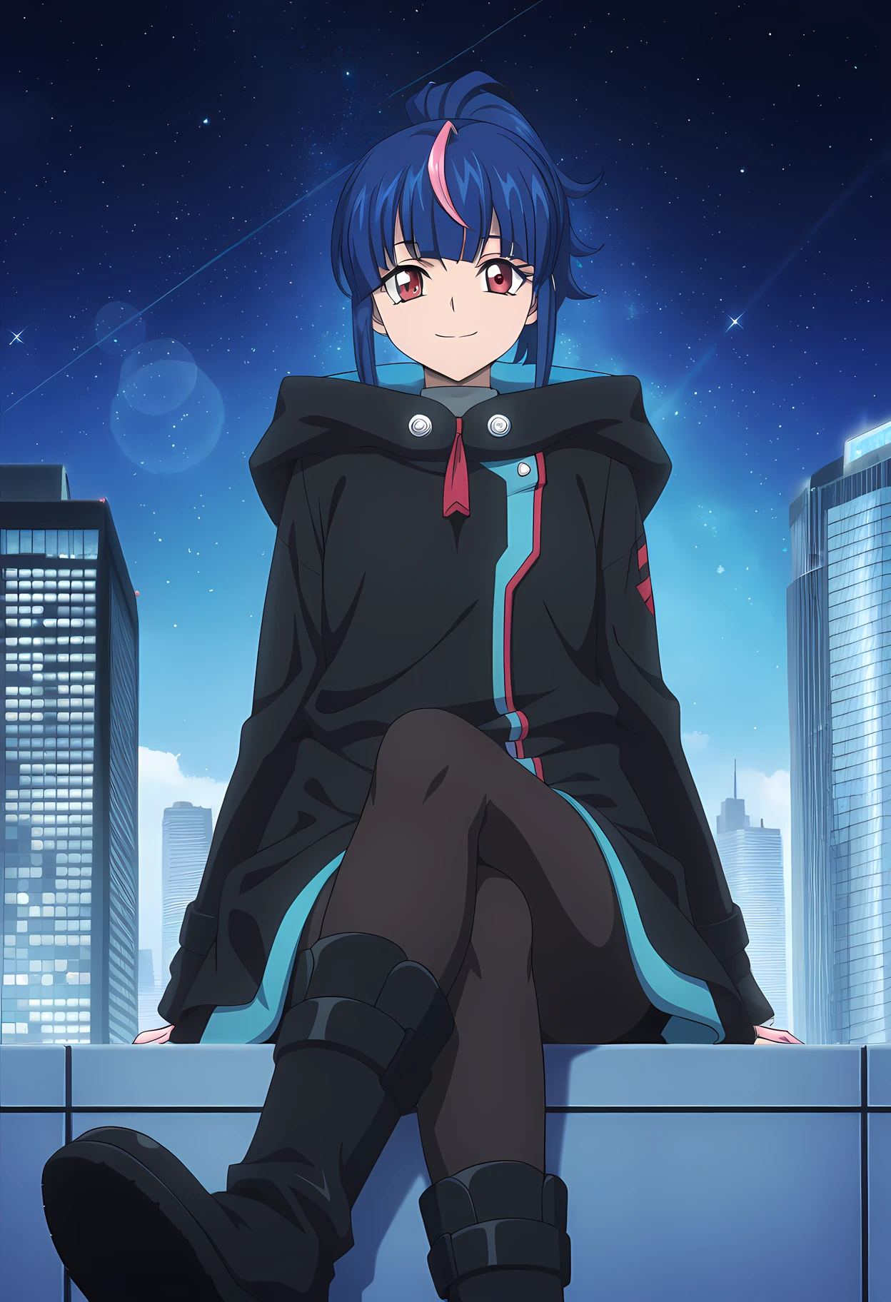 masterpiece,best quality,amazing quality,

1girl, solo,

Hikari Myodo (Cardfight Vanguard), ponytail, multicolored hair, blue hair, streaked hair, pink hair, red eyes,

coat, black hood down, long sleeves, pantyhose, black footwear, boots,

Smile, looking at viewer, 

cinematic, cross legs, upper body, 

Outdoors, On top skyscraper, sci-fi city, star (sky), 

Lens flare, bloom,

Official style, anime screencap, anime coloring,
















