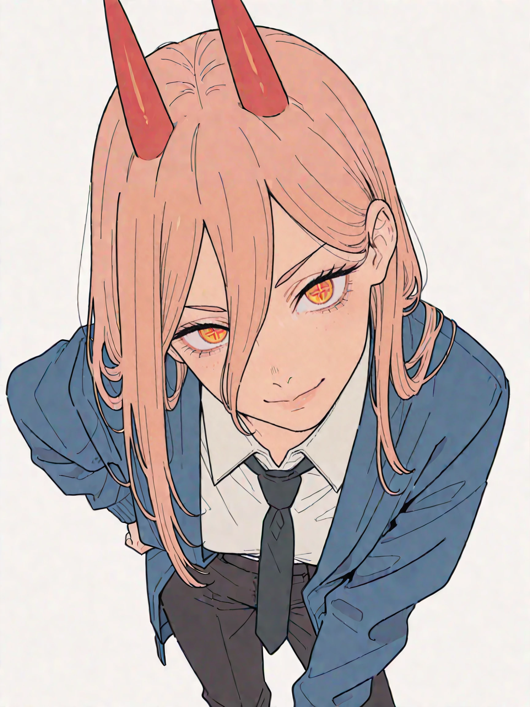 masterpiece,best quality,amazing quality,very aesthetic,absurdres, newest, anime coloring, 2d, anime style,
1girl, solo, detailed eyes,
half close-up,
looking at viewer,
Dynamic pose,
(power \(chainsaw man\)),chainsaw man, red horns, straight horn, looking at viewer, smile, cross-shaped pupils, long hair, blue jacket, collared shirt, necktie, blackpants, from above, (white background:1.1),
contrapposto,