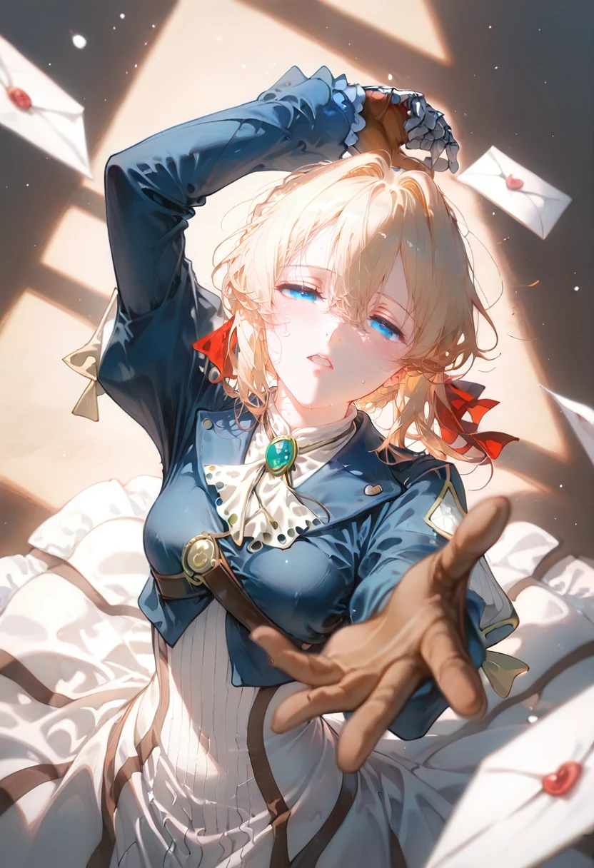 1girl,violet evergarden,violet evergarden \(series\),aqua gemstone,arm up,blonde hair,blue eyes,blue gemstone,blue jacket,blurry,blurry foreground,brooch,brown gloves,dress,from above,gem,gloves,hair between eyes,hair ribbon,jacket,jewelry,letter,long sleeves,looking up,medium hair,open mouth,reaching,reaching towards viewer,red ribbon,ribbon,sidelocks,solo,white dress,hair intakes,mechanical hands,braid,half-closed eyes,puffy sleeves,french braid,looking at viewer,long bangs,upper body,outstretched arm,juliet sleeves,parted lips,prosthetic arm,single mechanical hand,frills,frilled sleeves,cropped jacket,necklace,prosthesipple,blush <lora:irohekiXL_il1_lokr_V6311P:0.95>