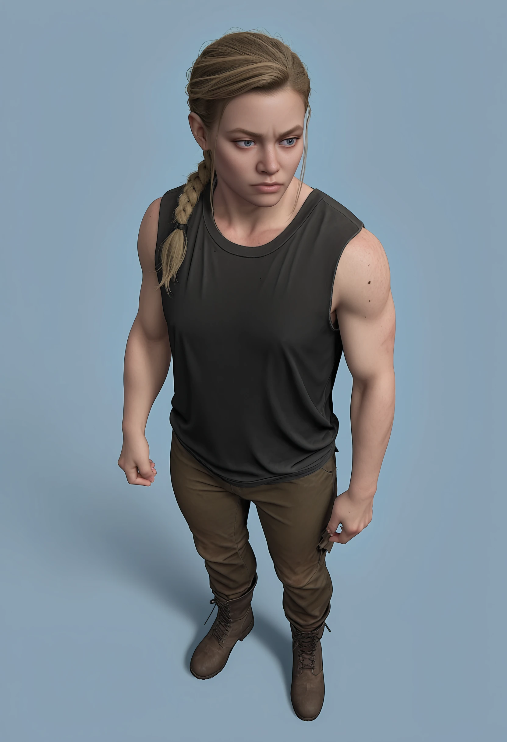 masterpiece, best quality, amazing quality, very aesthetic, absurdres, newest, <lora:AbbyAndersonILf:1> 4bbilf, 1girl, blonde hair, single braid, blue eyes, tank top, pants, boots, full body, standing, from above,
light blue background, simple background,
