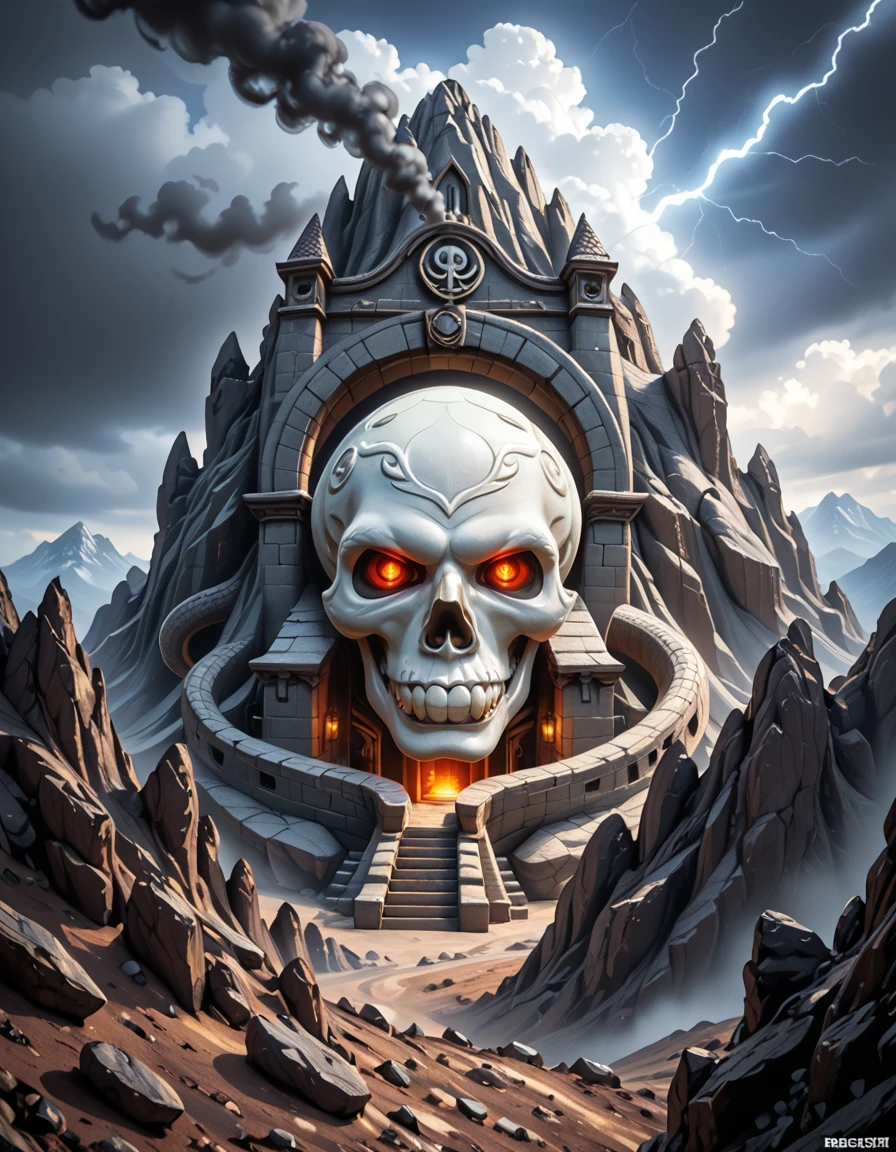 A dramatic, photorealistic view of Snake Mountain, the dark fortress of Skeletor, rising ominously from a barren, jagged landscape under a storm-filled sky. The mountain is twisted and grotesque, with serpent-like architecture coiling around its spires, and a massive demonic skull carved into the rock face serving as its entrance. Glowing red eyes peer from the skull's sockets, and dark smoke billows from vents in the stone. Thunder cracks in the distance, casting sharp flashes of light across the obsidian peaks and shadowed valleys below. The entire scene radiates menace, power, and ancient dark magic.Snake M0unt41n,  <lora:Snake_M0unt41n-p:1>,score_9, score_8_up, score_7_up,amazing quality, ultra realistic, 3D, HD, best quality, amazing quality, very aesthetic, absurdres