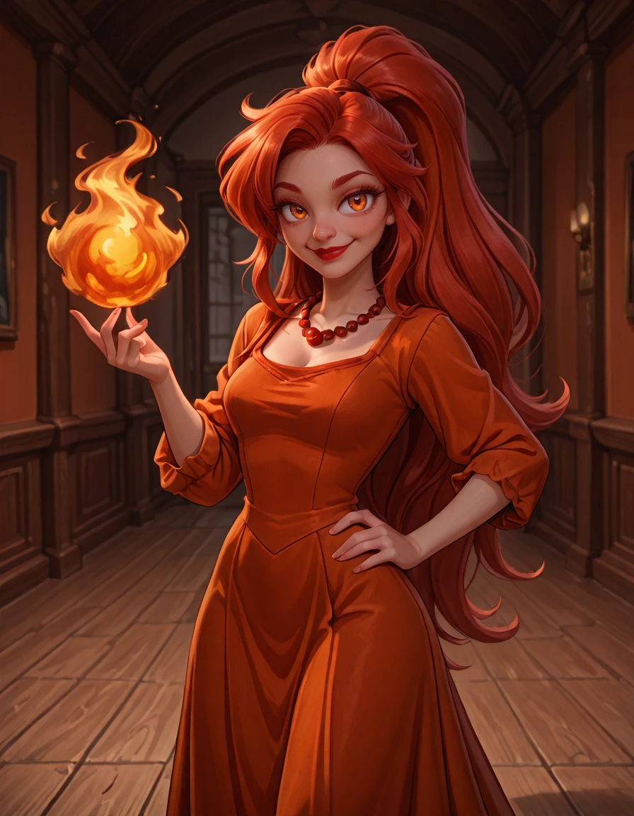 1girl, long hair, red hair, ponytail, very long hair, orange streak in hair, red and orange dress, long dress, smile, red lips, looking at viewer, holding fireball, indoors, red beaded necklace, hand on hip,