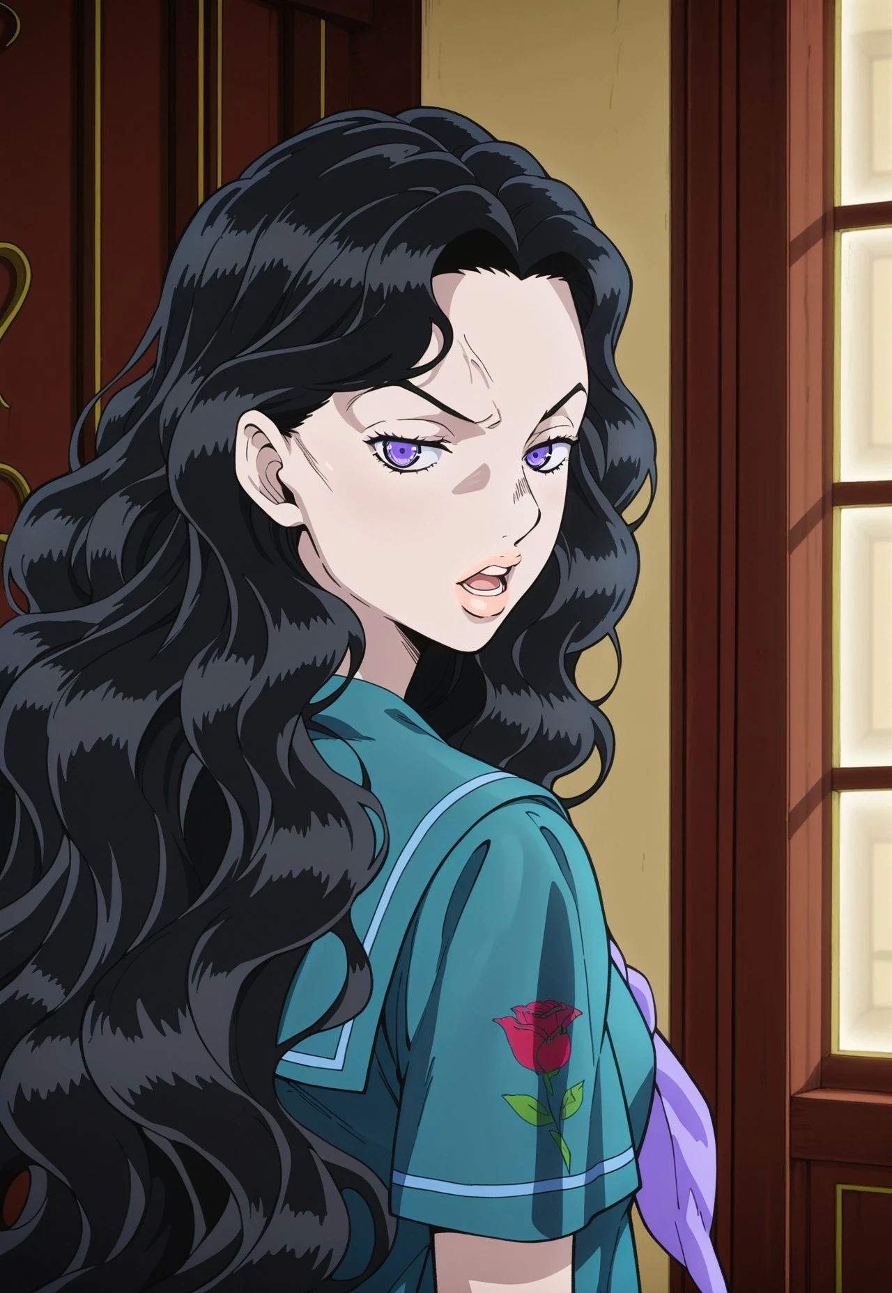 (masterpiece, amazing quality, best quality, highres, ultra-detailed,very aesthetic,best hands, anime coloring,detailed),very aesthetic, illustration, perfect composition, intricate details, absurdres, incredibly absurdres,(((1girl,solo,YukakoYamagishi, Black Hair, Long Hair, Wavy Hair, Purple Eyes, Arched Eyebrows, Lips,Teal Serafuku, Rose Sleeve Imprint, Lavender Bow,perfect face,detailed eyes))),upper body,from behind,looking back,looking at viewer,indoors,angry,open mouth,teeth