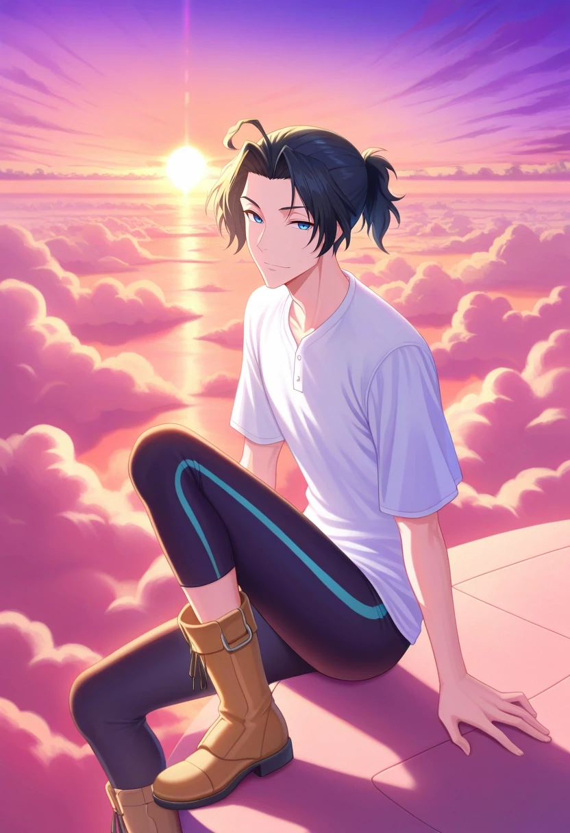 masterpiece, best quality, intricate details, , looking at viewer, 1boy, solo, male focus, <lora:sherlock_holmes_ilxl:0.9>, sherlock_holmes, black hair, blue eyes, short hair, ponytail, ahoge, , cloud palace, rainbow halls, wind gardens, sky pools, royal pose, dignified expression, sunset, Athletic leggings, Baseball shirt, Chukka boots, ,