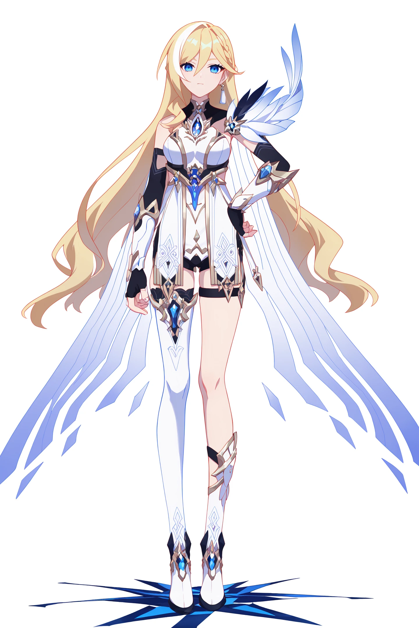 score_9,score_8_up,score_7_up,score_anime,8k,best quality,masterpiece,(ultra-detailed),(high detailed skin),(by nanoless, by misumi \(macaroni\),:0.5),<lora:YLI 0.1v:0.25>,<lora:style1:0.25>,
A full-body portrait of a young girl,standing gracefully,pastel art style,high-key lighting,shoujo manga influence,hd quality,delicate details,
full body,full shot,standing,looking at viewer,(solo:1.2),simple background,white background,hand on own hip,
Digital Deconstruction,Glitch Art,
<lora:Durandal-PalatinusEquinox-pony-Tanger:0.8>,
Durandal \(Palatinus Equinox\), clothes: white style clothes, white style single thighhigh, white style Durandal, white Feather decoration on the left shoulder, 1girl, long hair, blonde hair, blue eyes,black fingerless gloves,cape,
