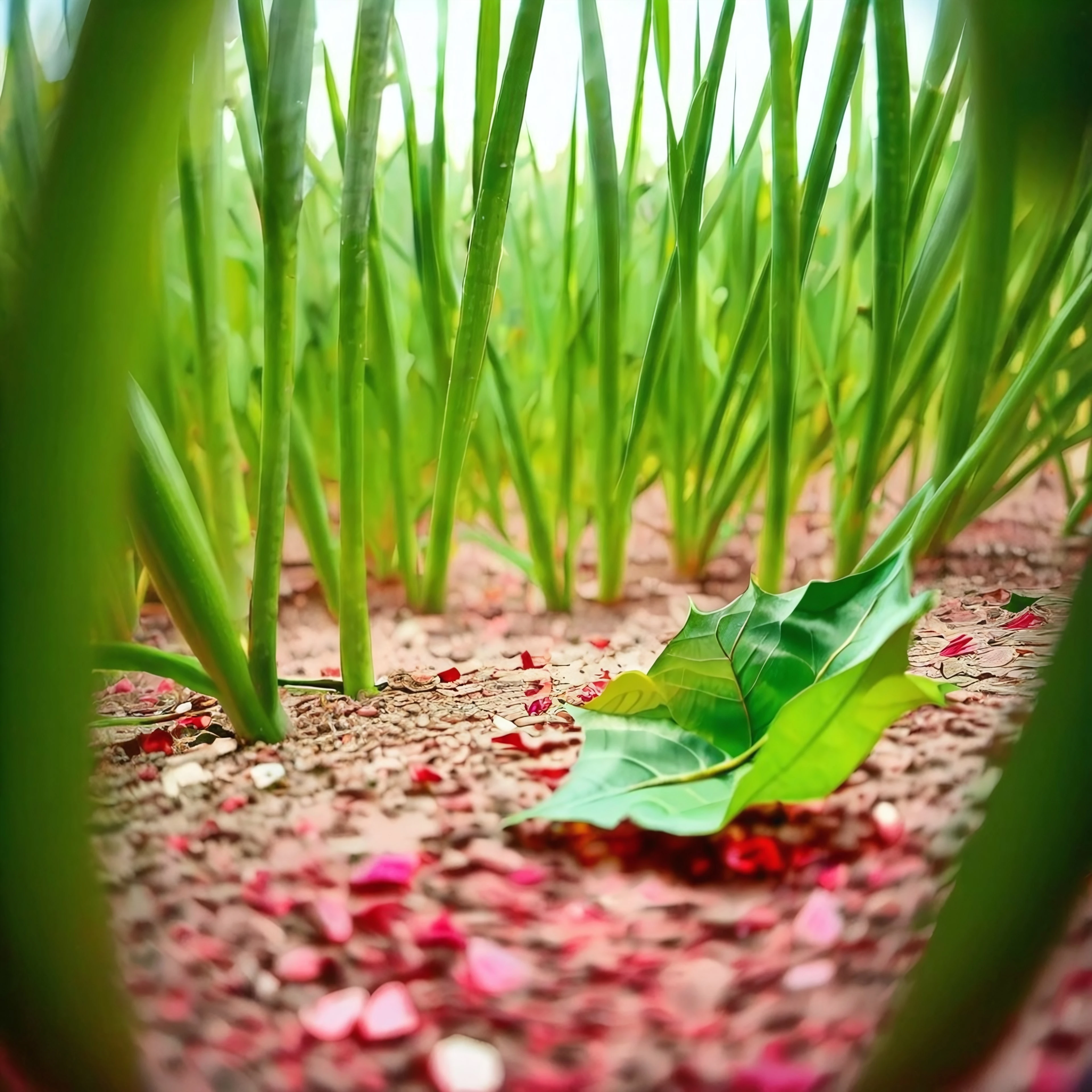 early morning garden from a tiny perspective, dew-covered grass blades towering like trees, delicate spiderwebs strung between leaves, soft mist hanging low, warm golden sunlight filtering through, rose petals scattered across the ground like fallen fabric, smooth stones forming winding paths, tiny puddles reflecting the sky, vine tendrils curling along the edges, pastel colors, peaceful and quiet atmosphere, fairy tale mood, high detail, soft focus edges, dreamy lighting, painterly illustration, cinematic depth of field, subtle sparkles, magical ambiance, ultra detailed, 8k, pastel fantasy