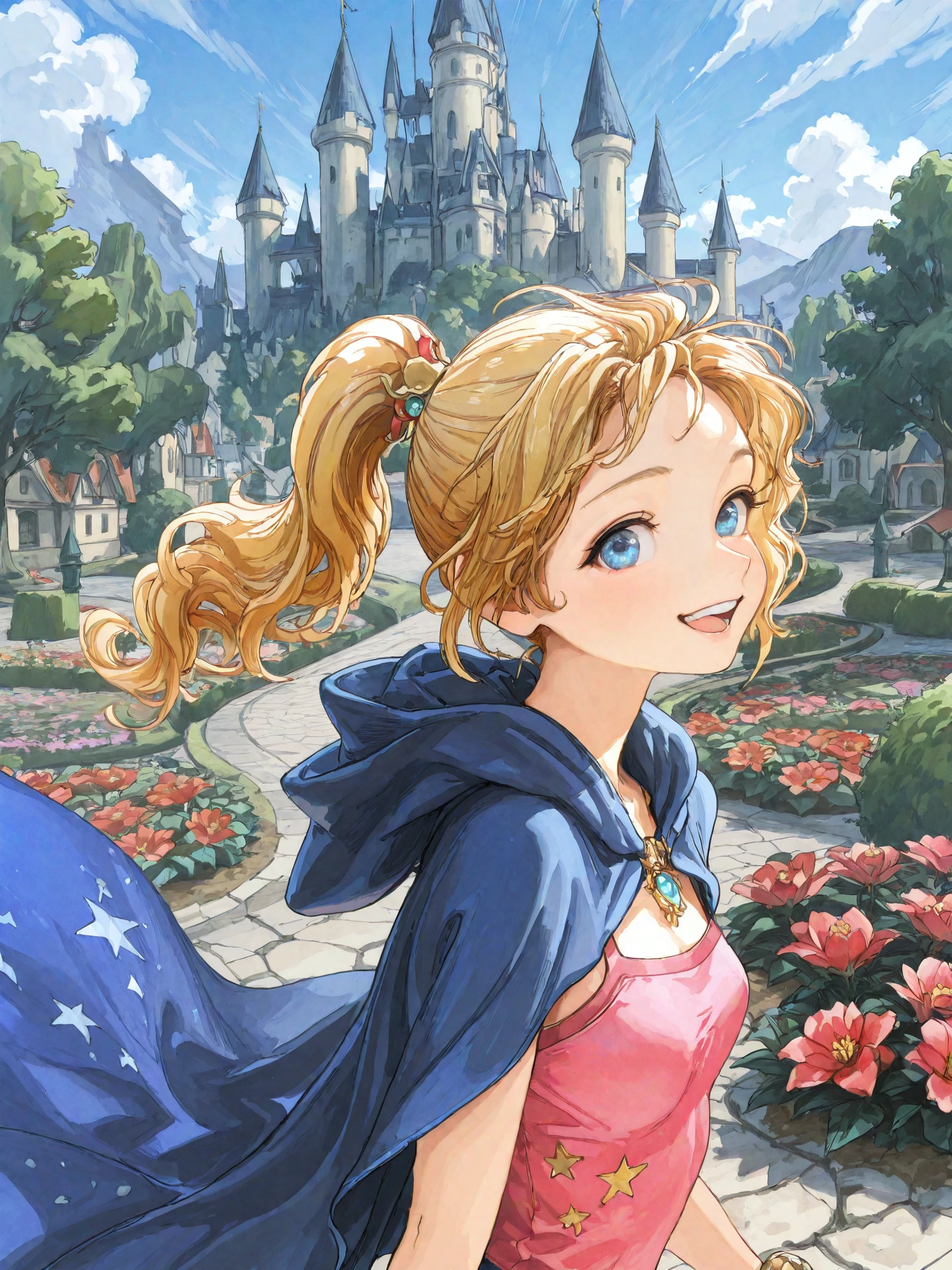 <lora:Kururu_Maia_Baldesion_0R:0.7>, kururuffv, <lora:CC_Aesthetic_Masterpiece_1:1>
<lora:ST_Hiro_Dismaless_0R:0.9>, hirodismaless
kururuffv, blonde hair, long hair, wavy hair, ponytail, blue eyes, hair ornament, jewelry, pendant, small breasts
pink tank top, star print, hood down, blue cloak, bracelet
masterpiece, best quality, amazing quality, very aesthetic, absurdres, highres, detailed background, anime style
1girl, (detailed eyes:1.2), (detailed face:1.2), detailed skin
facing viewer, looking at viewer, dynamic pose, smile, (open mouth:0.6), close-up
(outdoors, fantasy, town, castle, tree, bush, flower bed)