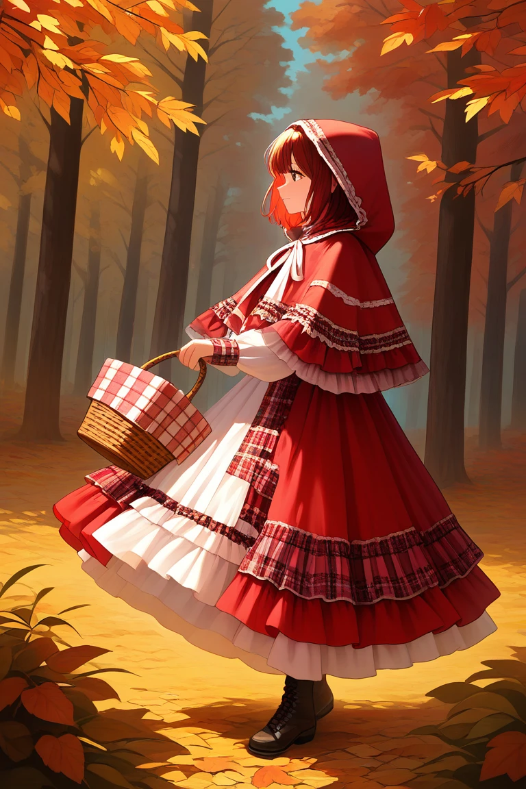 forest, autumn_forest, falling_leaves, glowing_light, storybook_style, watercolor_(style), painterly
,1girl,<lora:Red_hood_layered_dress:1>,,Red_hood_layered_dress,dress,red dress,long sleeves,frills,frilled dress,hood,red hood,capelet,red capelet,layered dress,holding basket, basket, masterpiece, best quality, amazing quality, newest